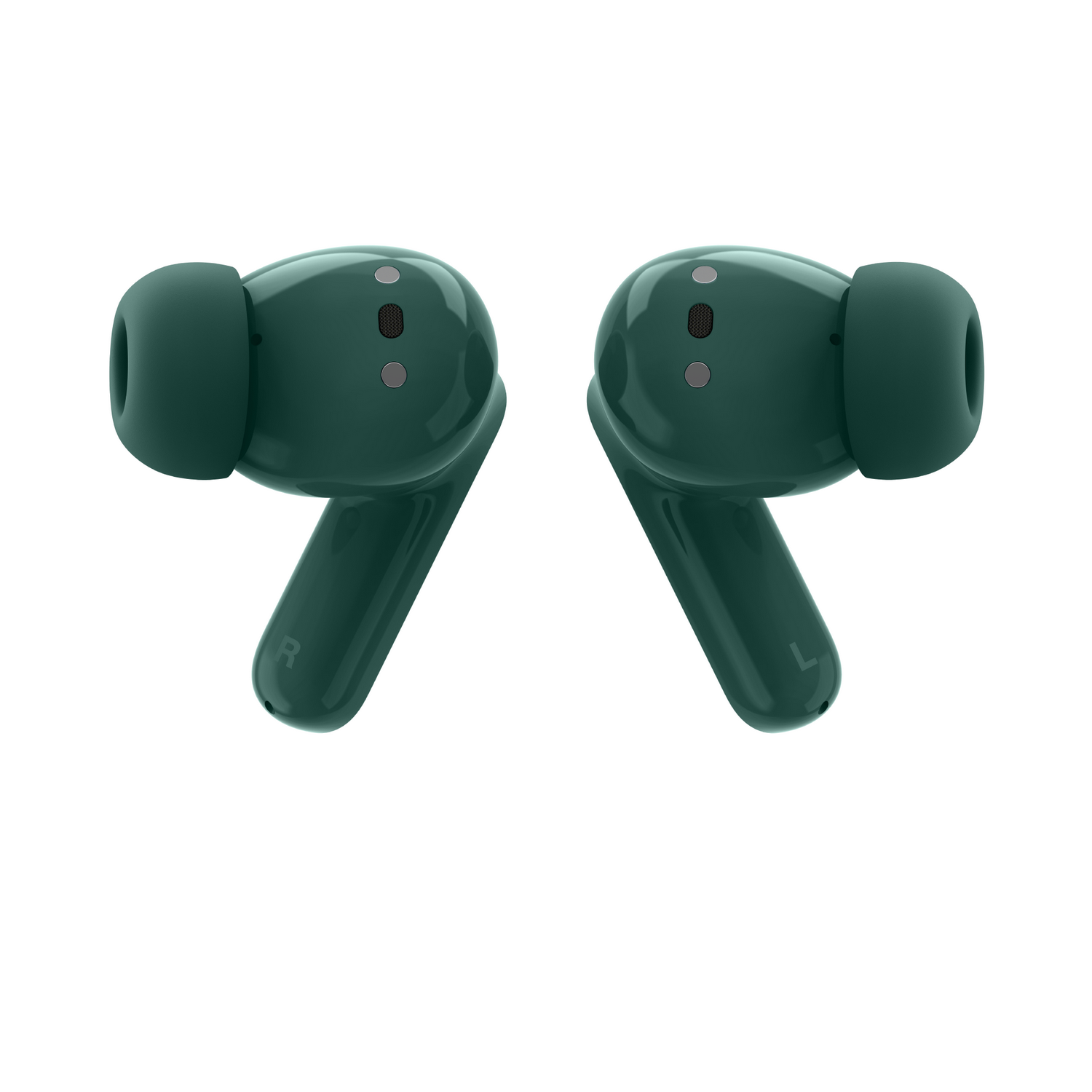 Dos auriculares inalámbricos verde oscuro. El derecho tiene 'L' y el izquierdo 'R'. Ambos tienen micro y altavoz.