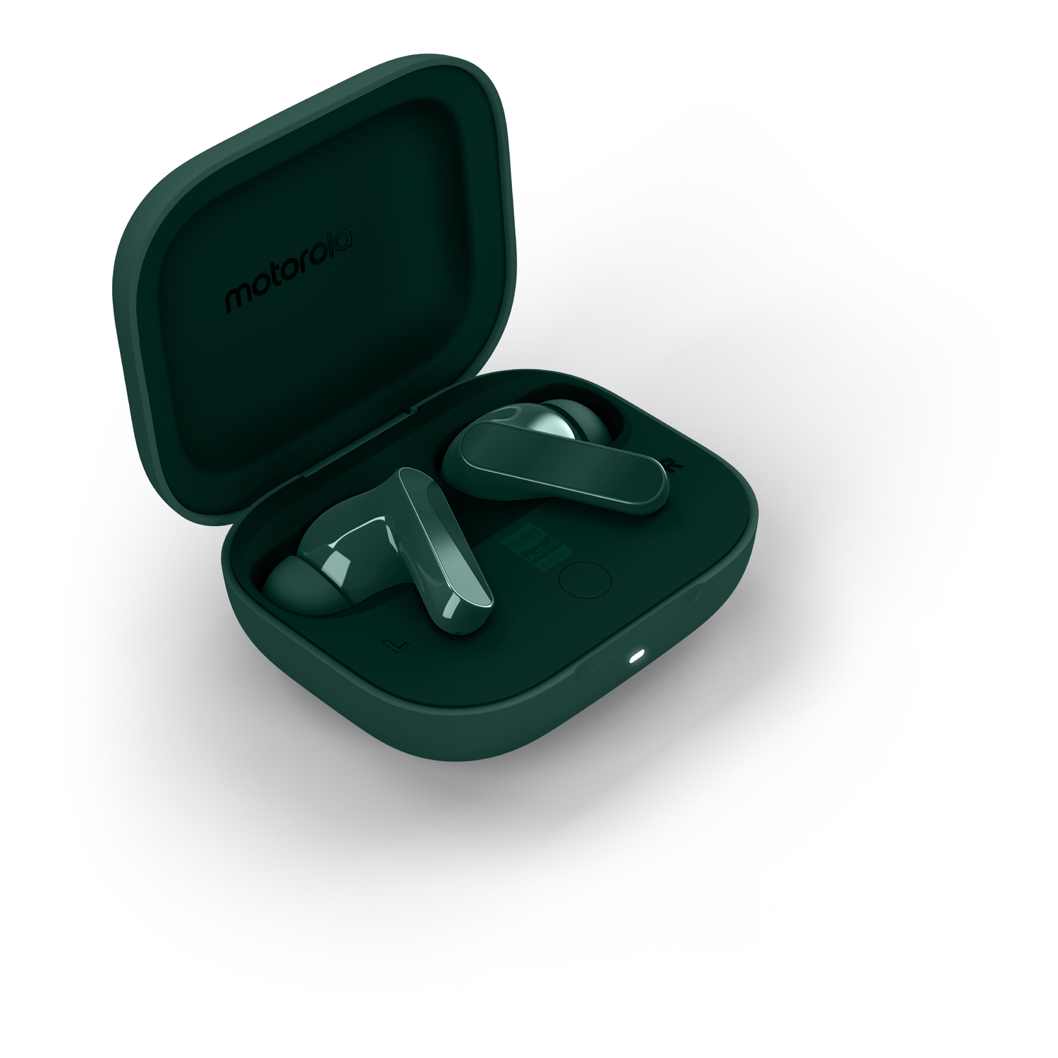 Estuche abierto de auriculares Motorola verde oscuro con dos auriculares dentro. El estuche está sobre un fondo blanco. Logotipo visible.