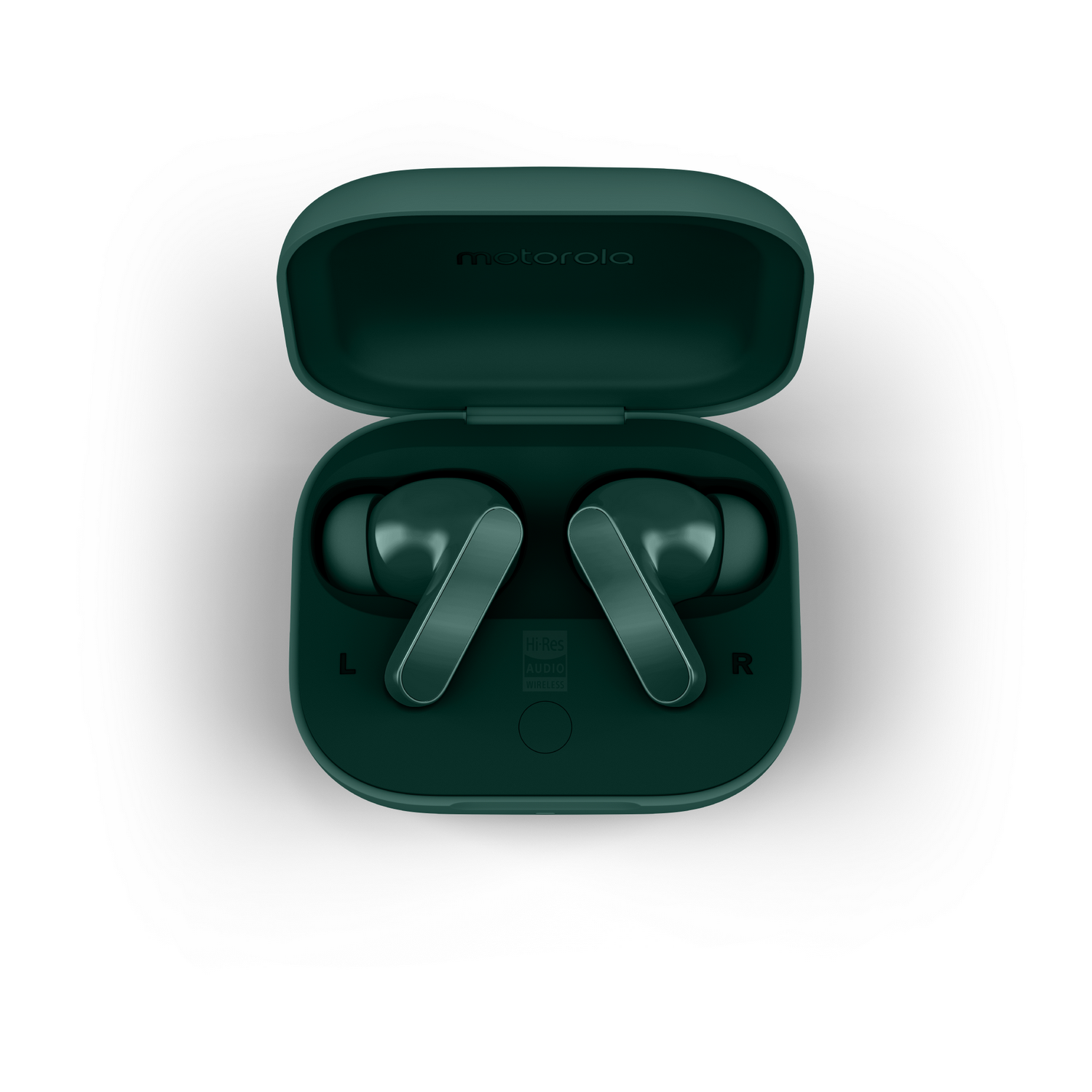Estuche de auriculares Motorola verde oscuro abierto con auriculares dentro. Fondo blanco. Indicadores izquierdo y derecho, más audio de alta resolución.