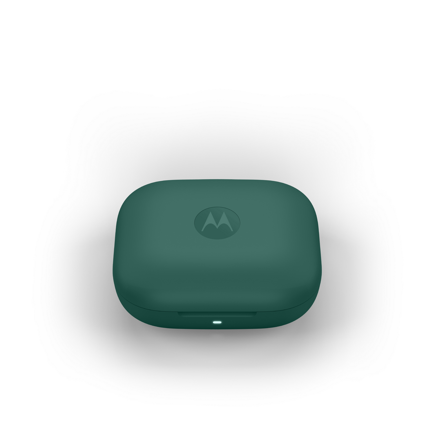 Una funda verde de auriculares Motorola con un logotipo en la parte superior y una luz en el frente, sobre fondo blanco.