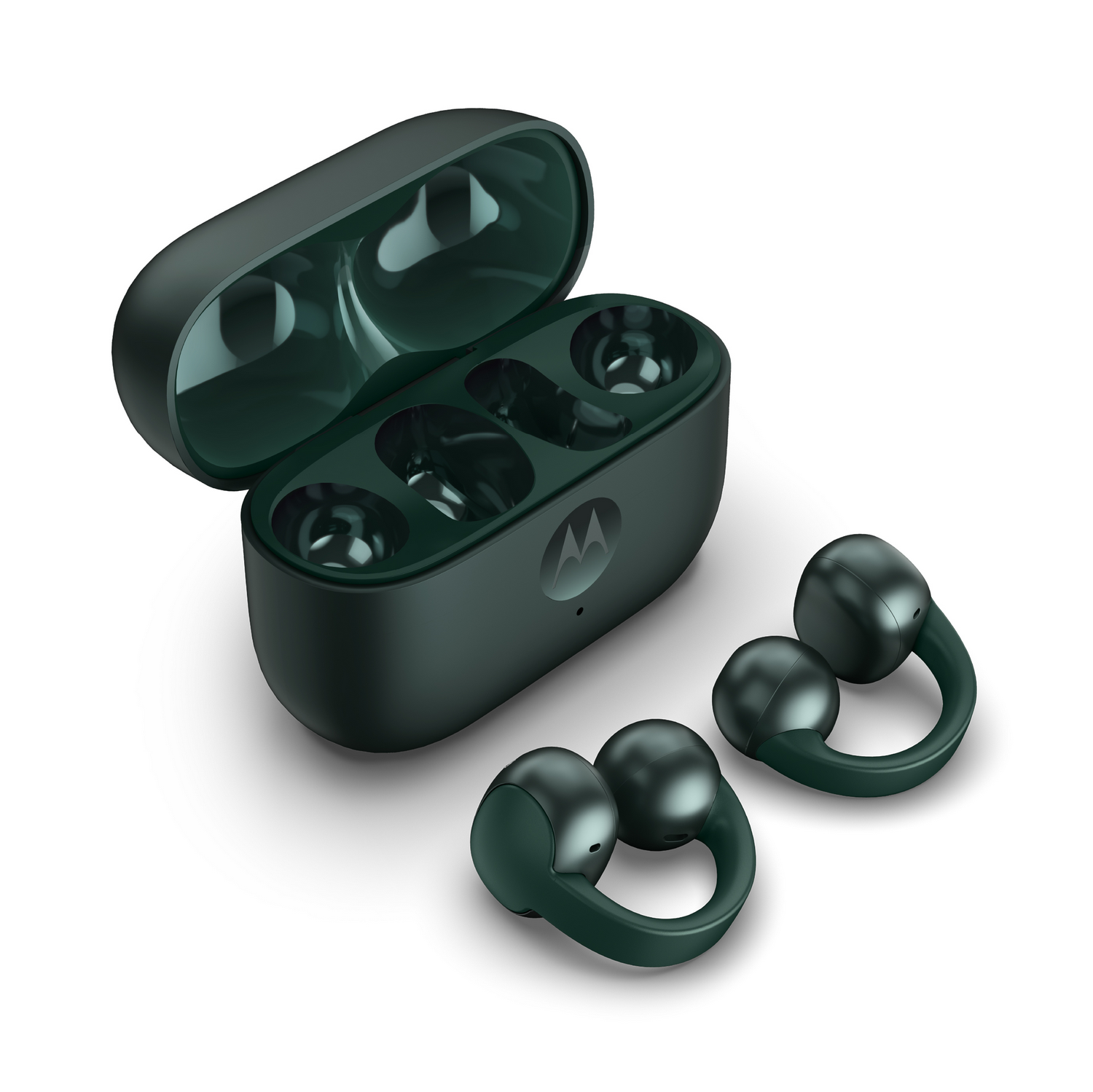 Auriculares verde oscuro con estuche de carga. Un par fuera del estuche. Logotipo de Motorola en el estuche.