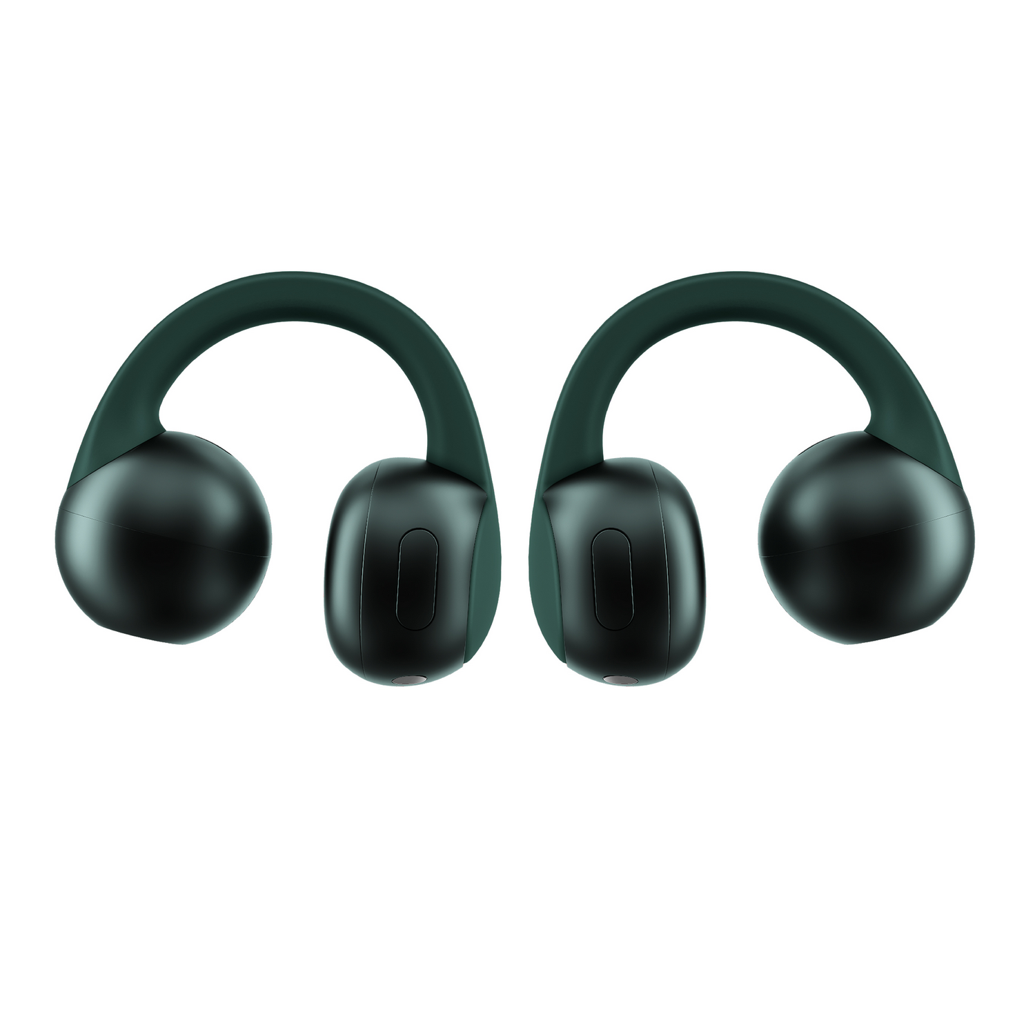Dos auriculares inalámbricos negros y verdes sobre fondo blanco. Los auriculares tienen un diseño único con ganchos para las orejas.