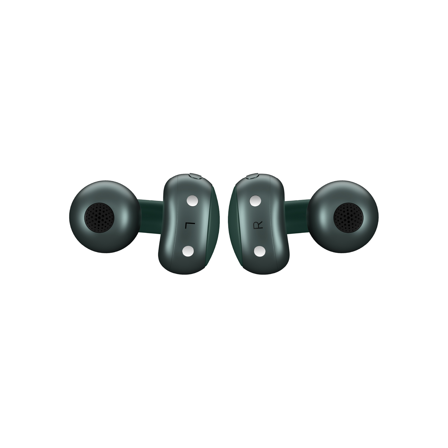 Dos auriculares inalámbricos verde oscuro sobre un fondo blanco. Uno con la etiqueta 'L', el otro 'R'. Ambos tienen pequeñas rejillas de altavoz.