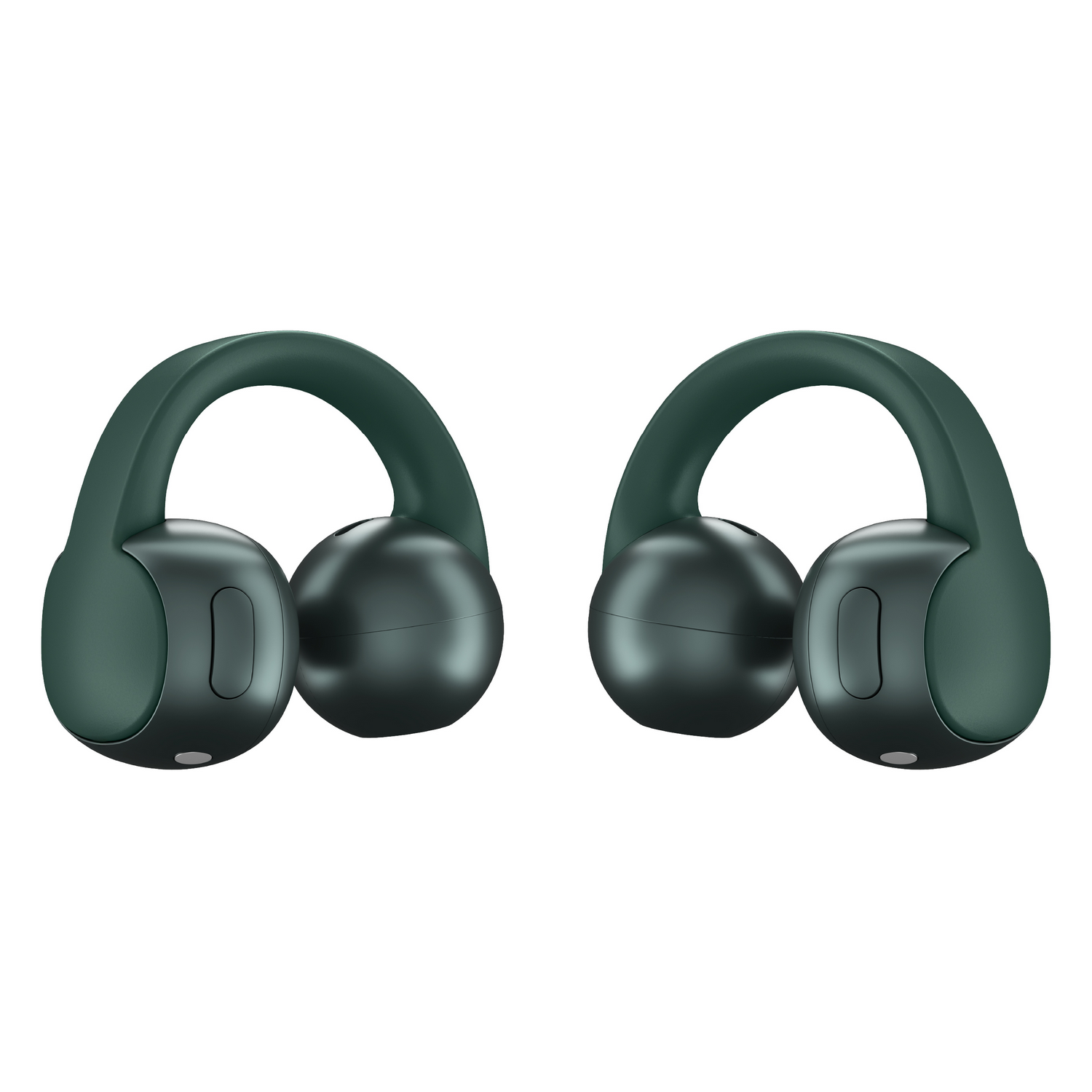 Dos auriculares inalámbricos verde oscuro con ganchos para las orejas, sobre un fondo blanco. Tienen un diseño elegante y moderno.