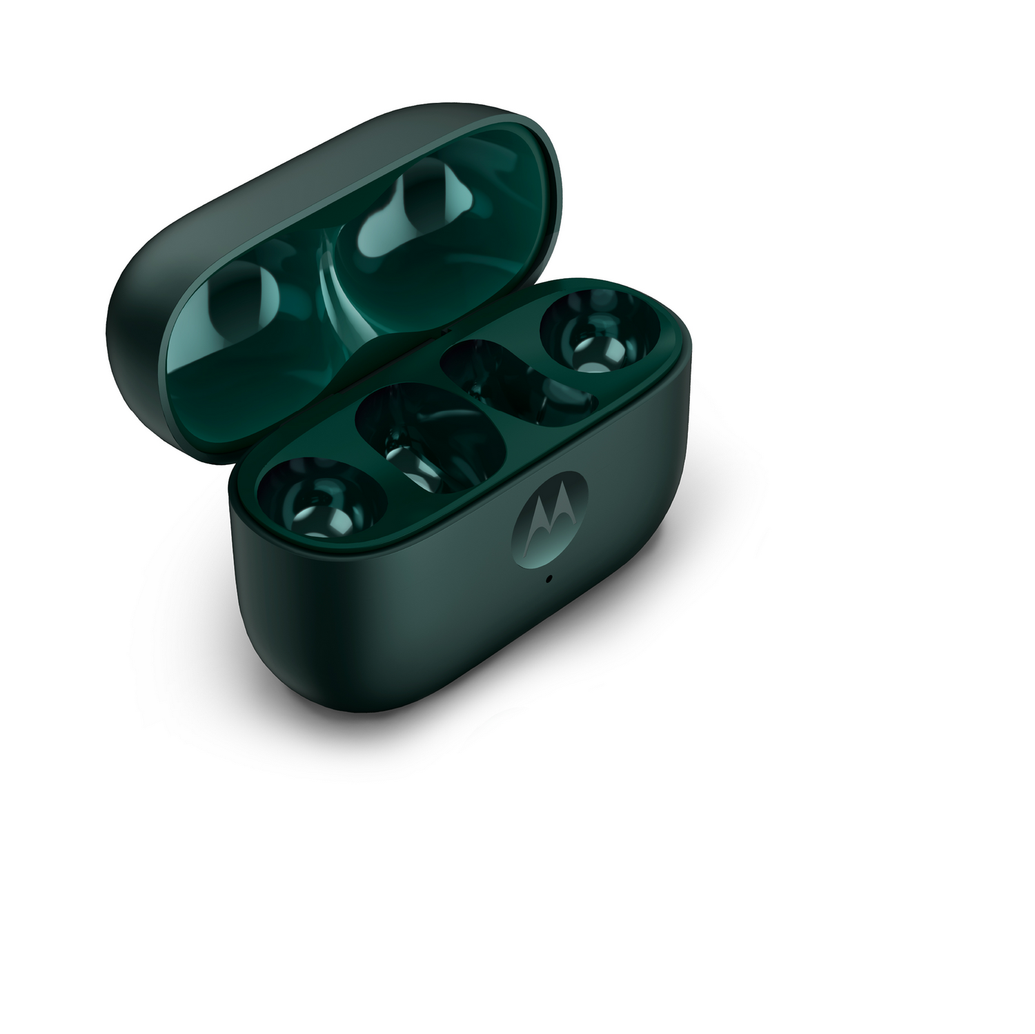 Estuche de auriculares Motorola verde oscuro abierto. El estuche está abierto, revelando las ranuras de carga. Fondo blanco.
