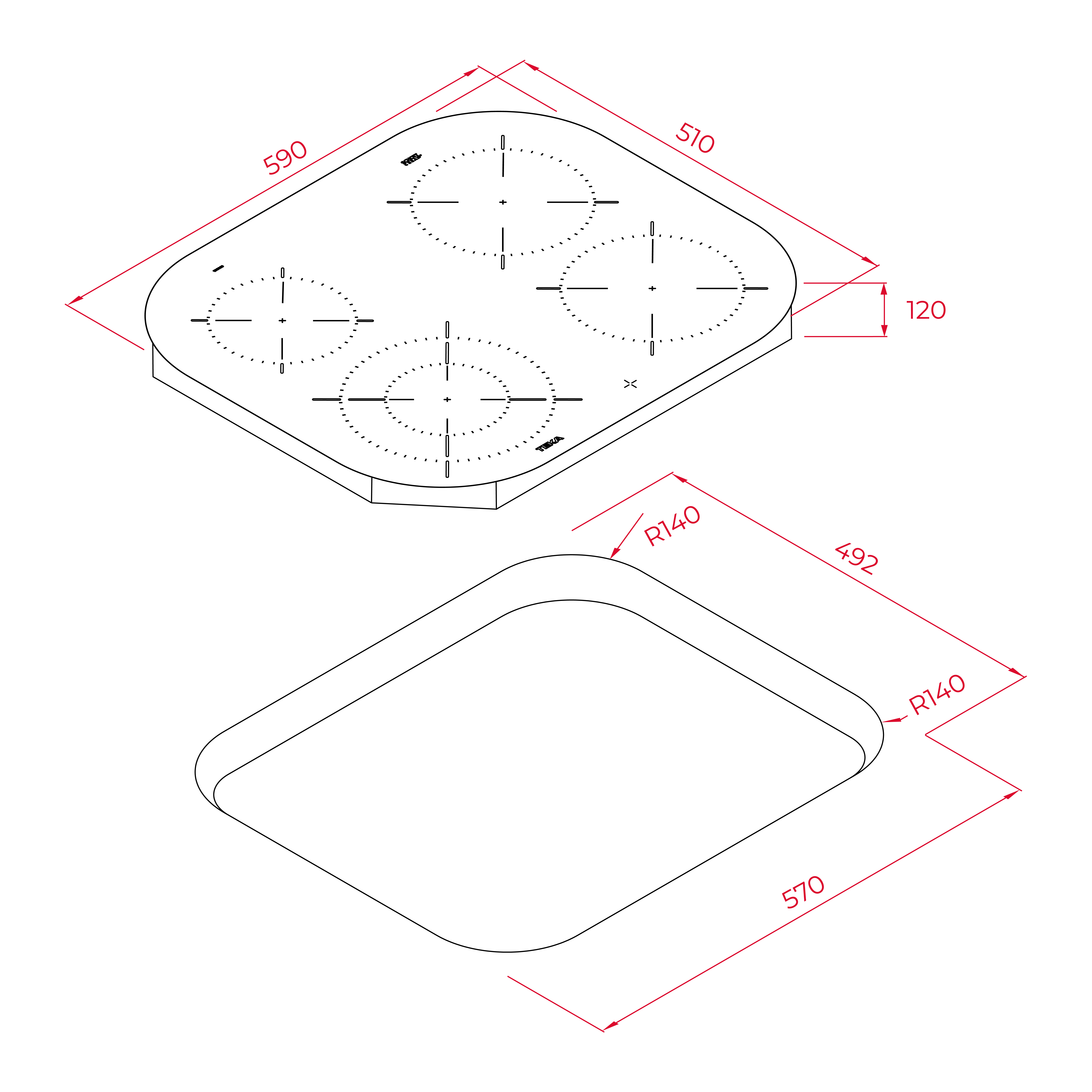 Diagrama de una encimera y una bandeja rectangular inferior. Las dimensiones están etiquetadas.