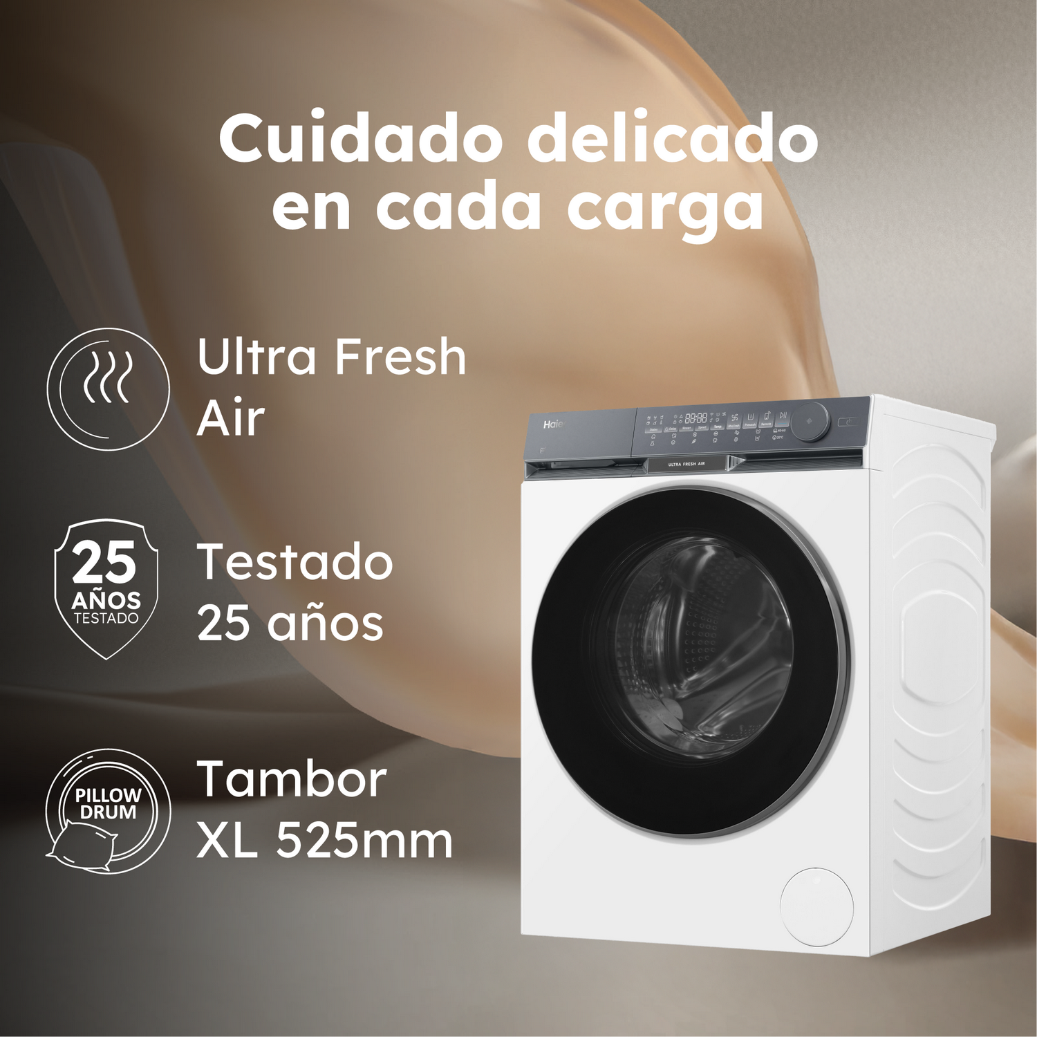 Se muestra una lavadora blanca, con texto sobre 'Ultra Fresh Air' y 'Tambor XL 525mm'. El fondo es un degradado de colores beige.