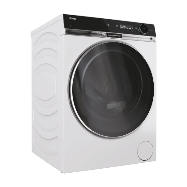 Una lavadora Haier blanca. Tiene una parte superior negra con una pantalla digital y una puerta circular oscura grande.