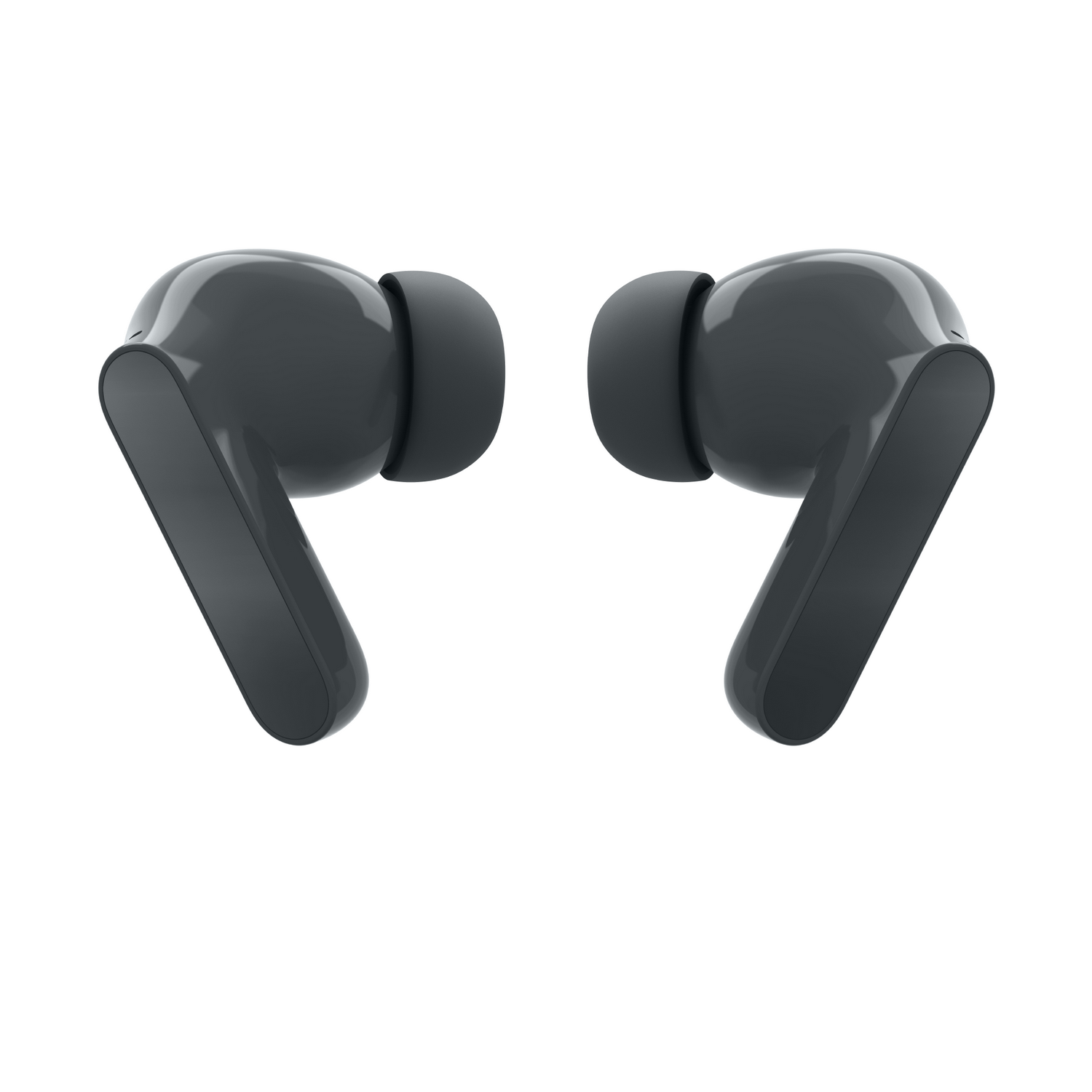 Dos auriculares inalámbricos grises oscuros, simétricos, aislados sobre fondo blanco. Cada uno tiene un cuerpo redondeado y un tallo.