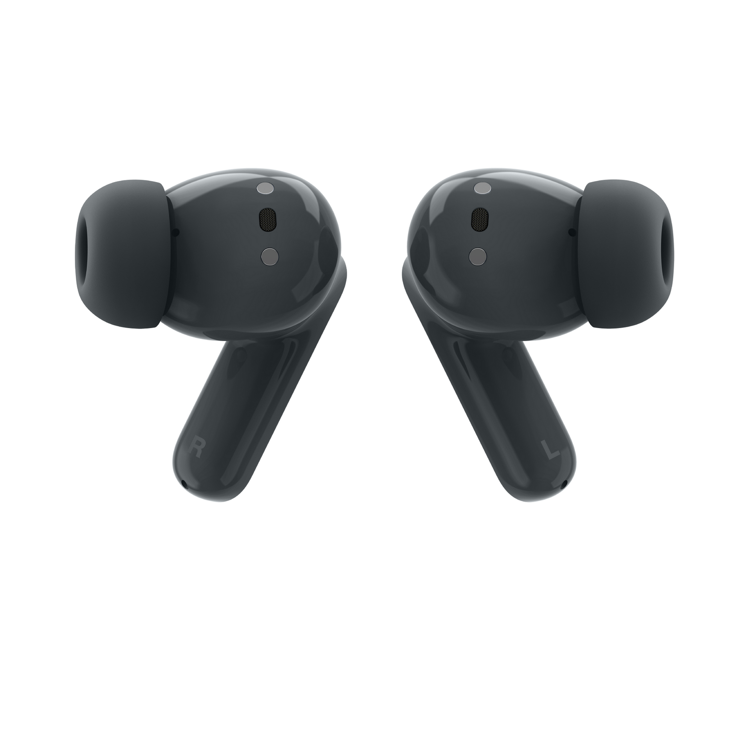 Dos auriculares inalámbricos grises oscuros, en ángulo. Uno marcado con 'R', el otro con 'L'. Fondo blanco.