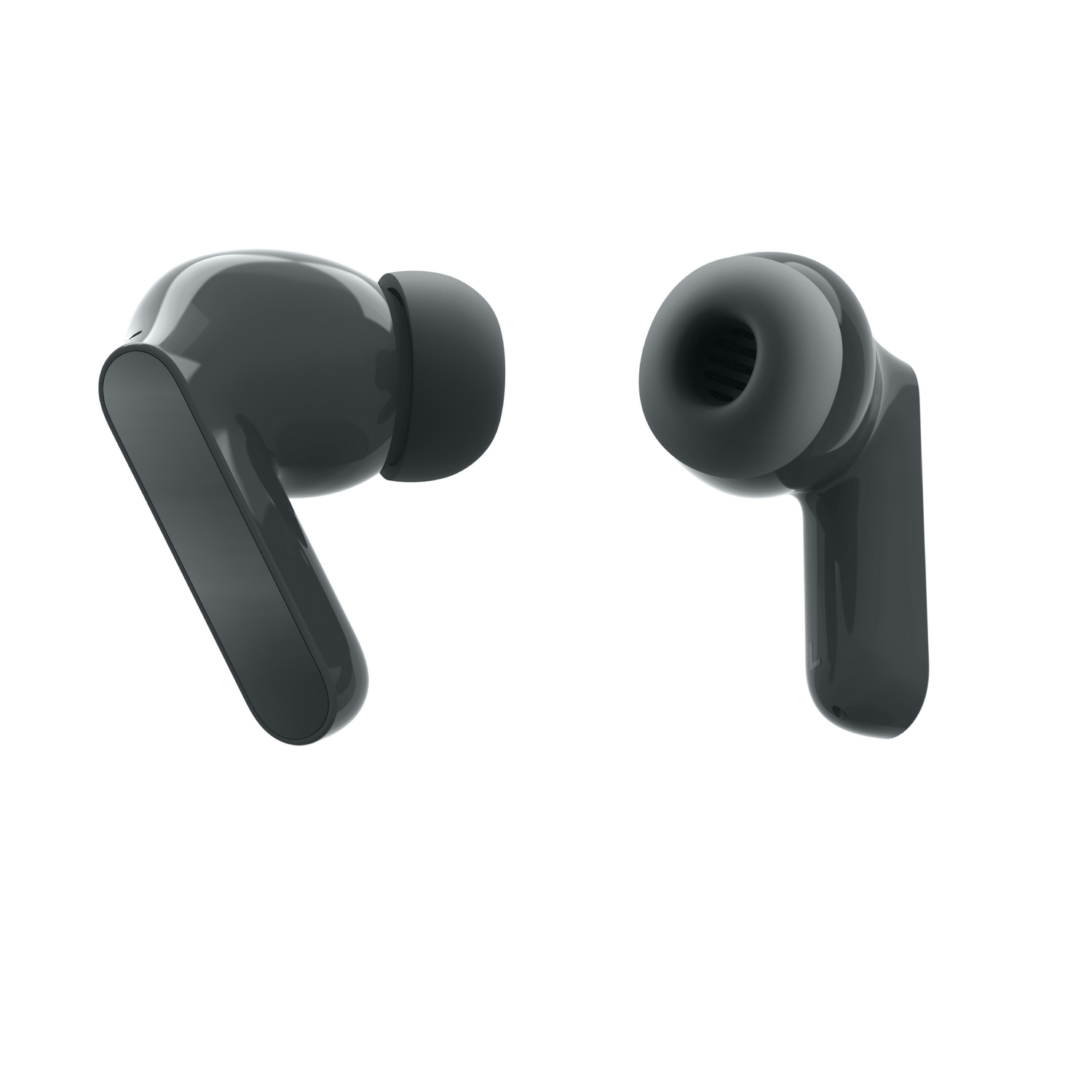 Dos auriculares inalámbricos grises oscuros aislados sobre fondo blanco. Un auricular está en ángulo, el otro mira hacia adelante.
