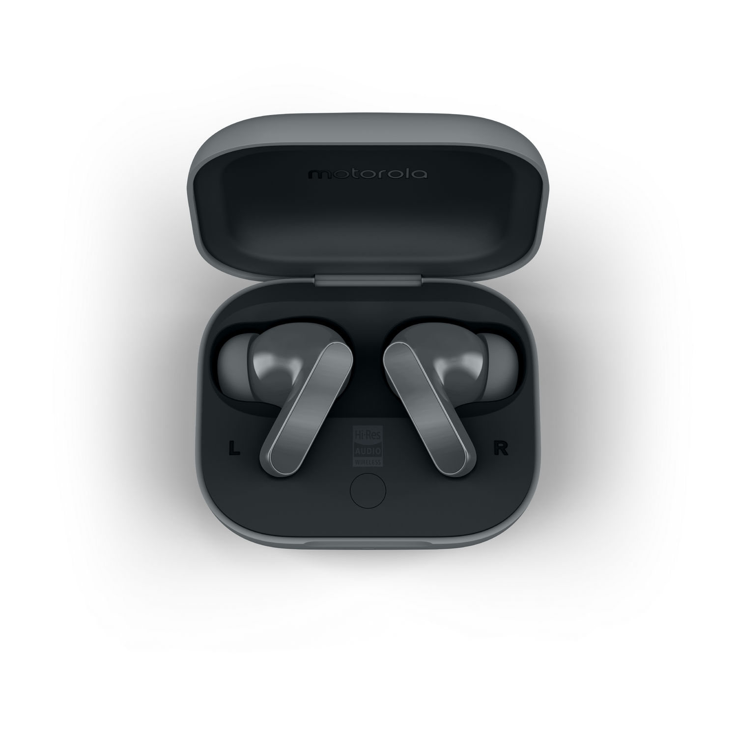 Funda de auriculares Motorola abierta. Dos auriculares grises dentro. Marcado 'L' y 'R'. Logotipo 'Hi-Res Audio Wireless'. Fondo blanco.