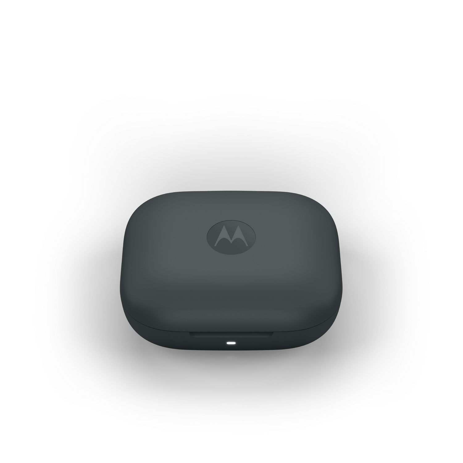 Un estuche de carga gris de auriculares Motorola sobre fondo blanco. El estuche está cerrado, con el logotipo de Motorola arriba.