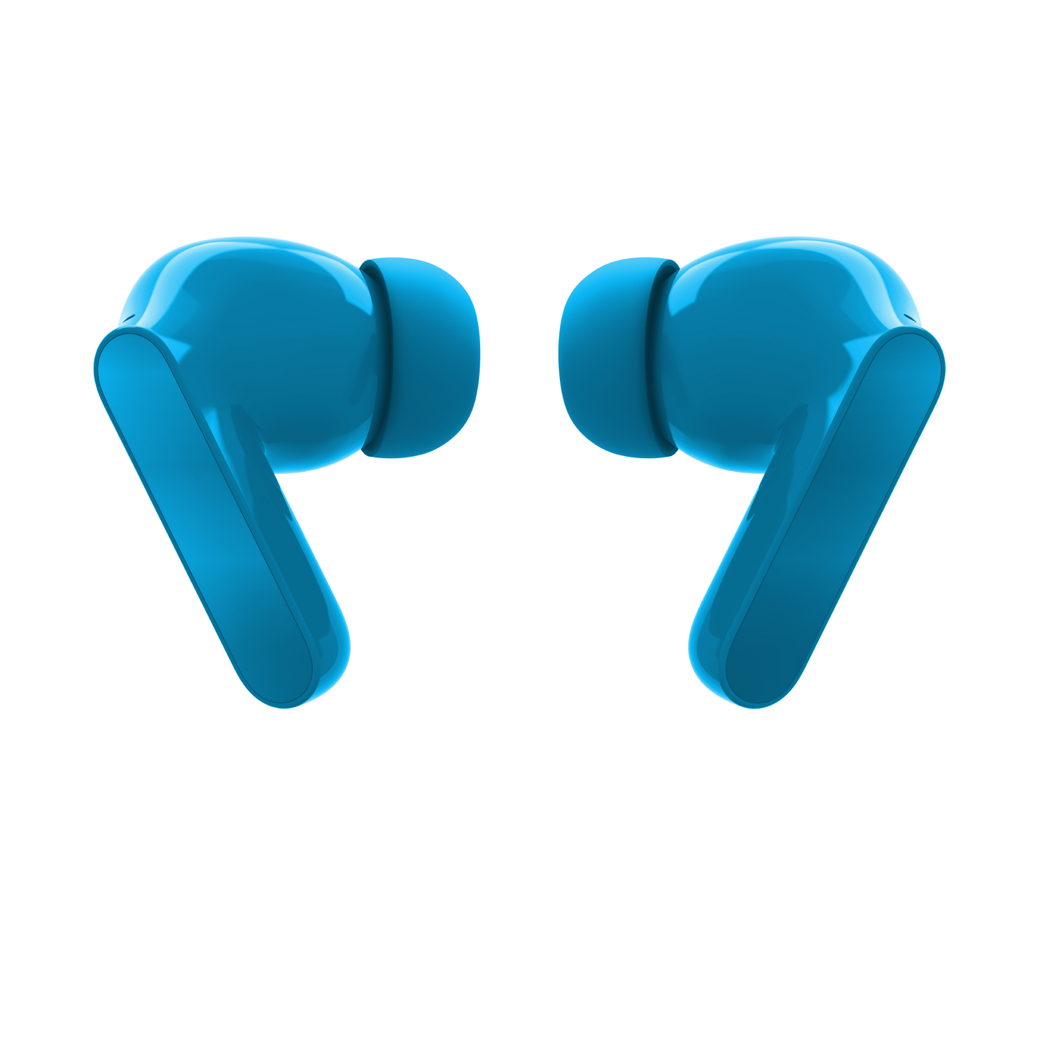 Dos auriculares inalámbricos azules sobre un fondo blanco. Cada auricular tiene una punta redondeada y un tallo más largo y rectangular.