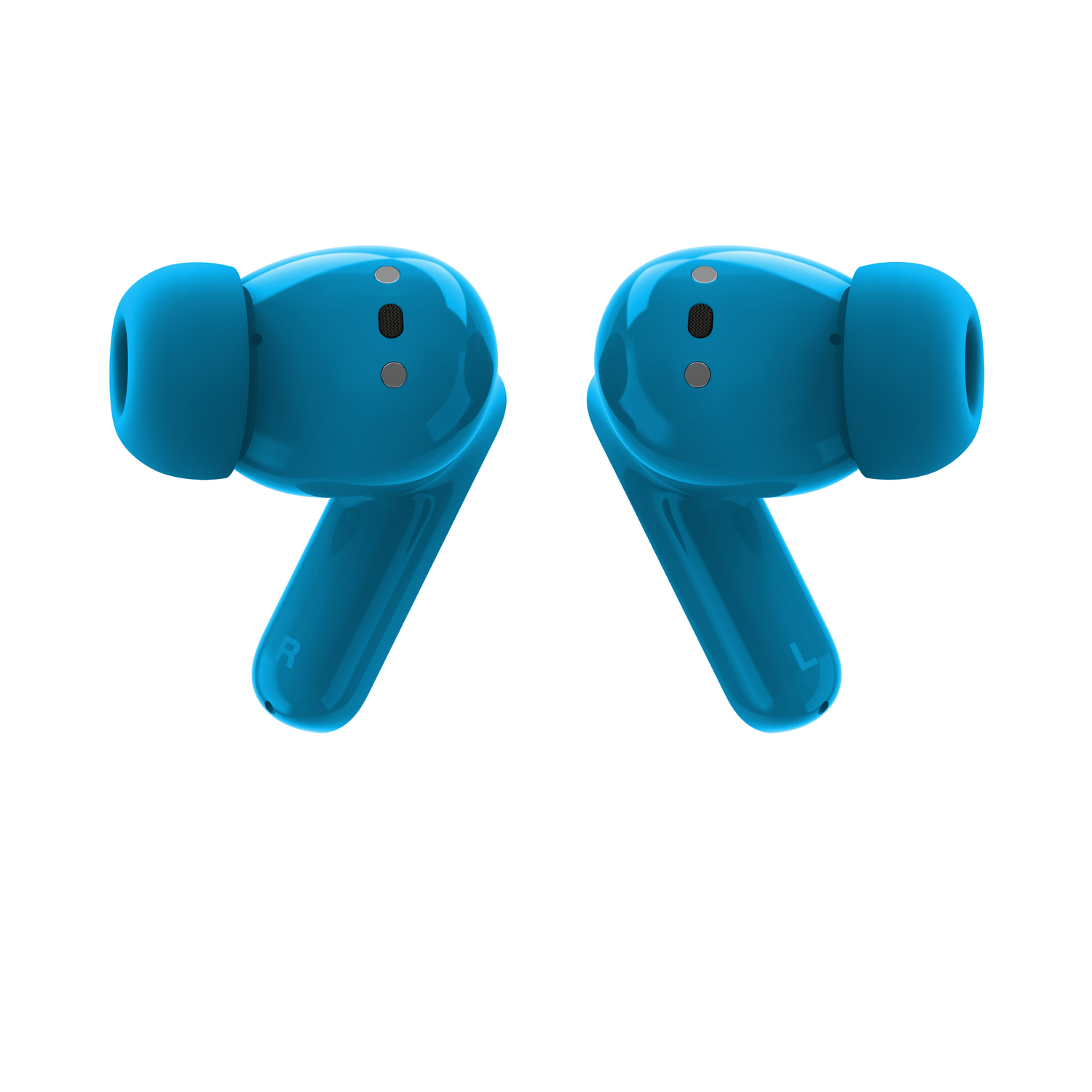 Dos auriculares inalámbricos azules. Uno marcado con 'R', el otro con 'L'. Ambos tienen malla negra y puntos plateados en el cuerpo, sobre fondo blanco.