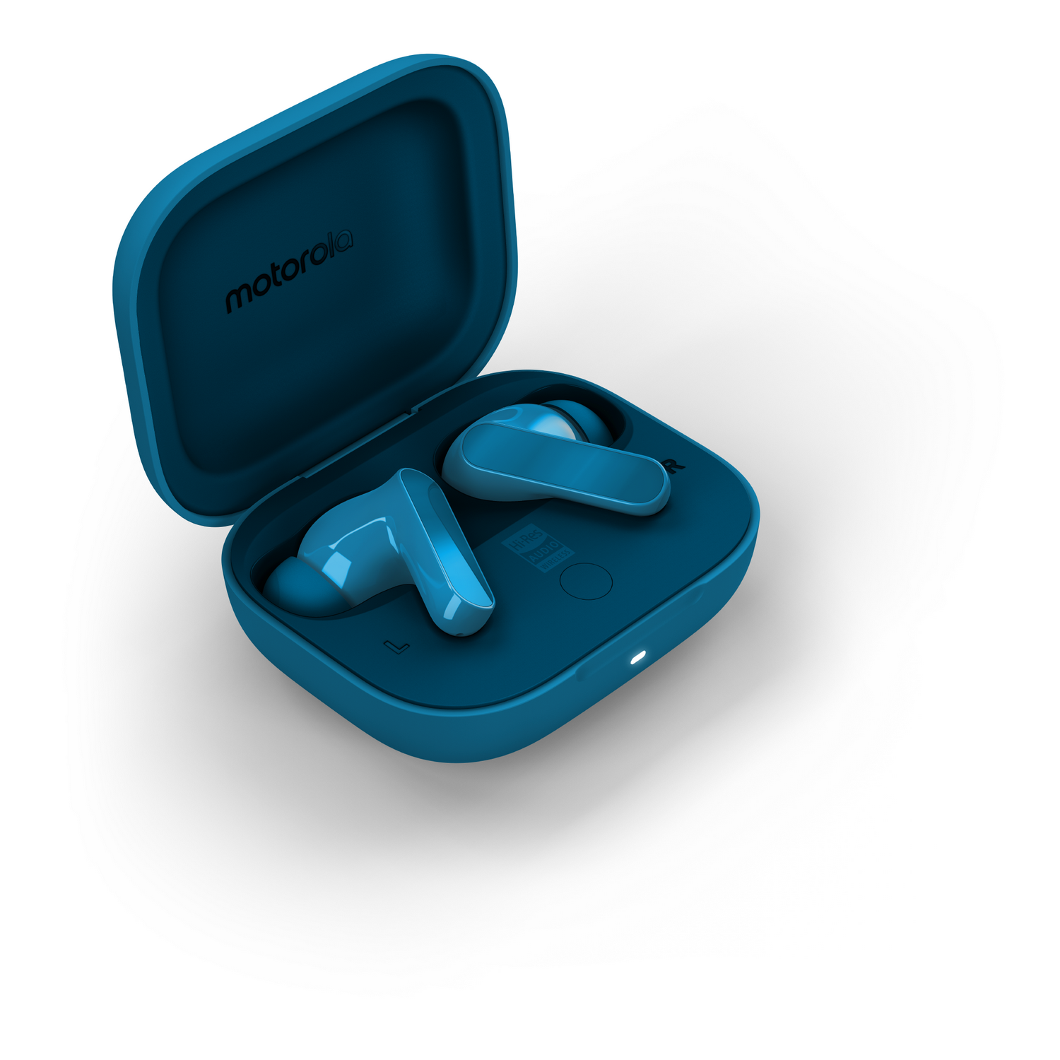 Estuche azul abierto de auriculares Motorola con dos auriculares azules dentro. El estuche está sobre fondo blanco. 'Motorola' en la tapa.