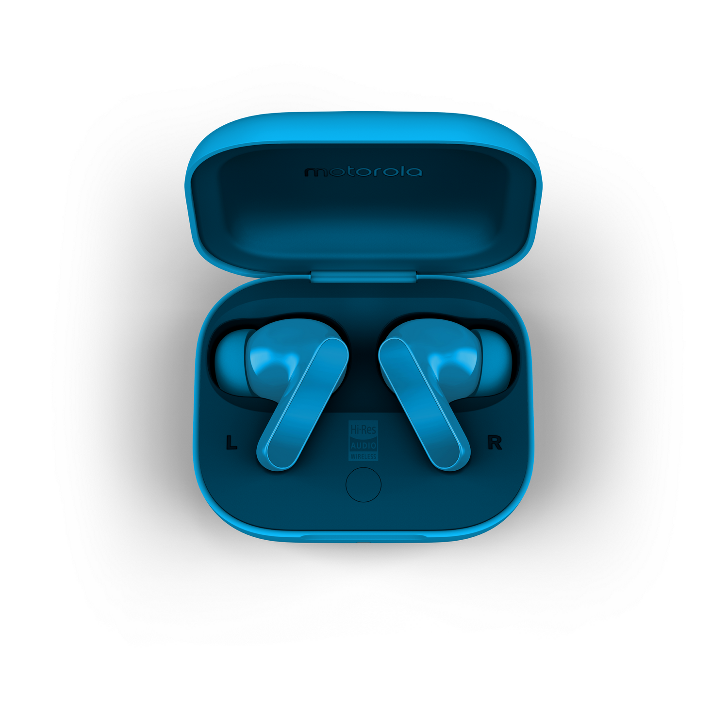 Estuche azul abierto de auriculares Motorola con dos auriculares dentro. Marcas 'L' y 'R' visibles.