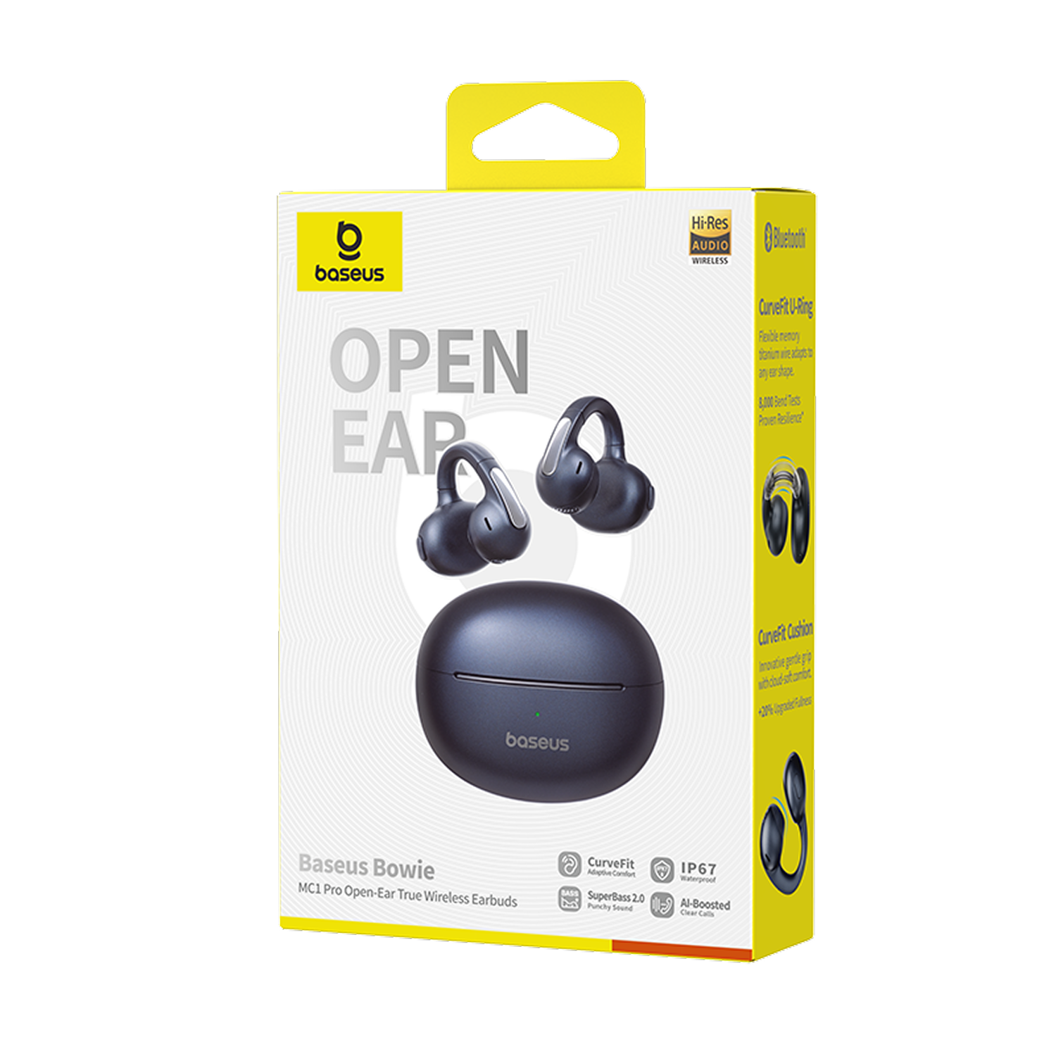 Caja de auriculares Baseus Bowie. Características: diseño de oído abierto, ajuste curvo, IP67 resistente al agua y llamadas claras con IA.