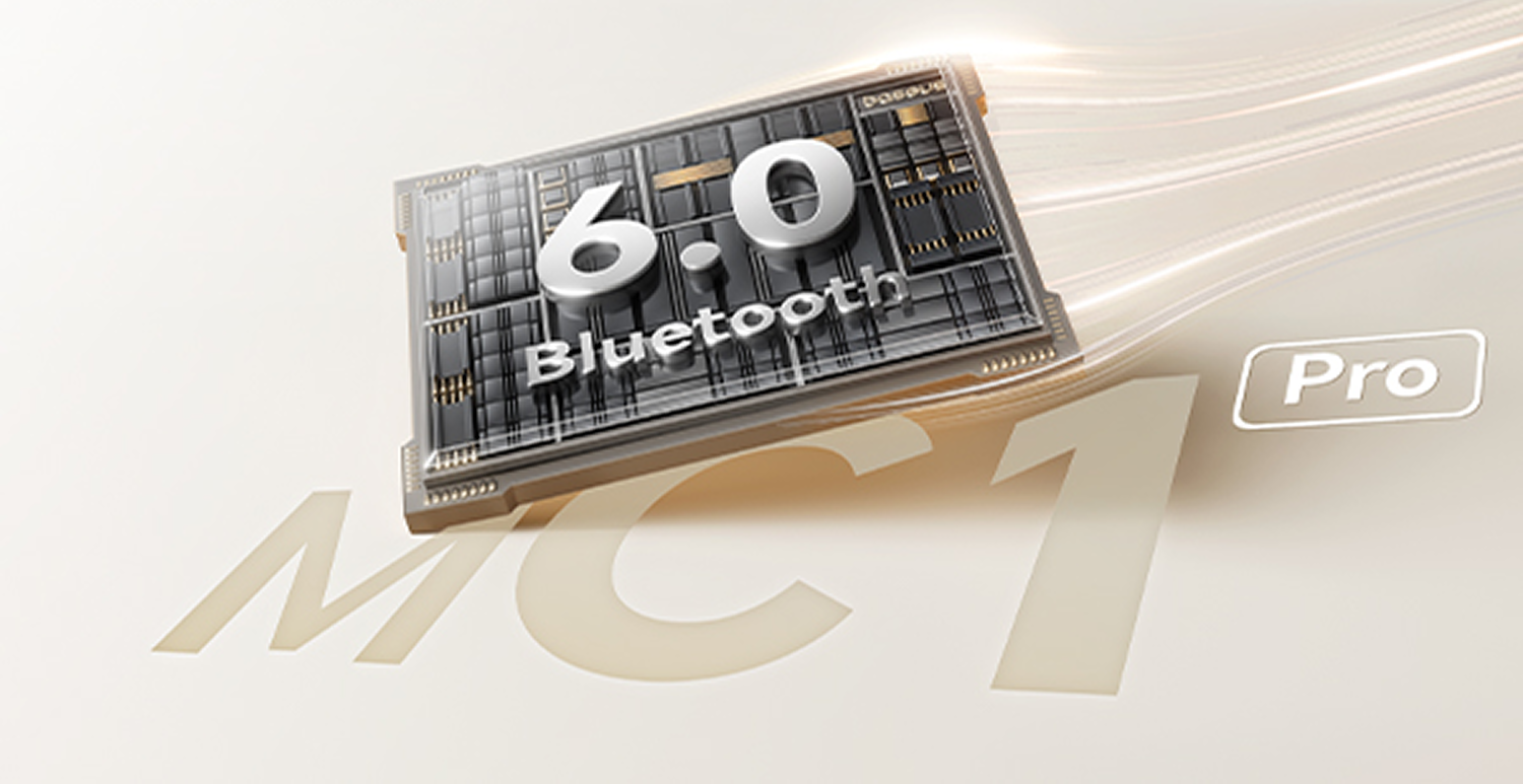 La imagen muestra una placa de circuito con '6.0 Bluetooth', 'MC1' y 'Pro'. El fondo tiene rayas claras sobre una superficie beige.