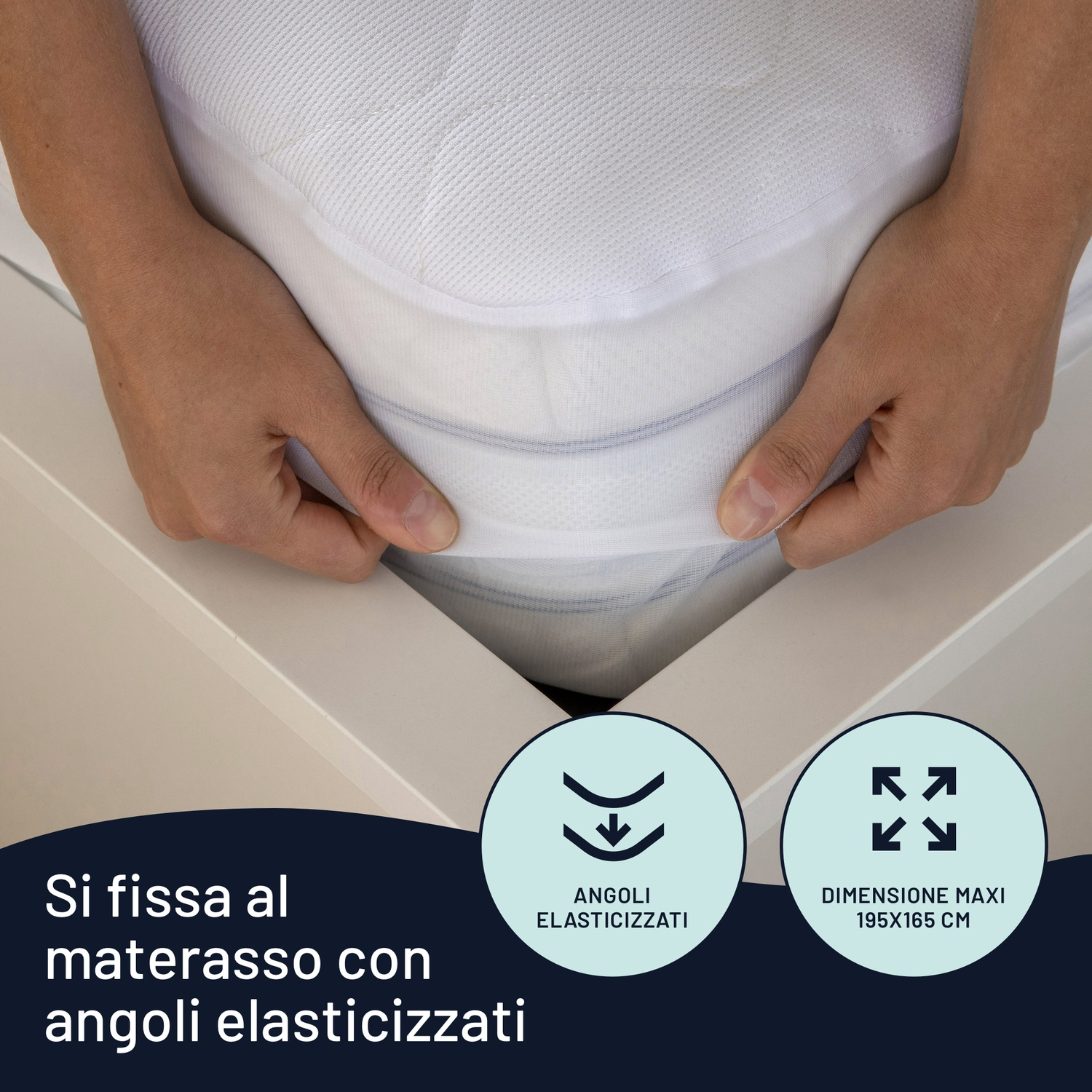 Mani tengono un coprimaterasso bianco, con testo e icone che indicano angoli elasticizzati e dimensioni.