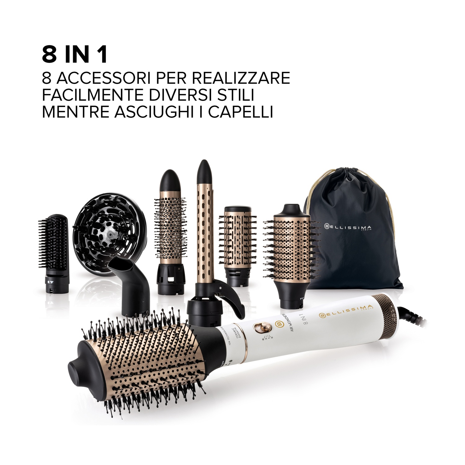 Un set per lo styling dei capelli 8 in 1 con vari accessori, una borsa nera e un asciugacapelli bianco e oro, il tutto su sfondo bianco.