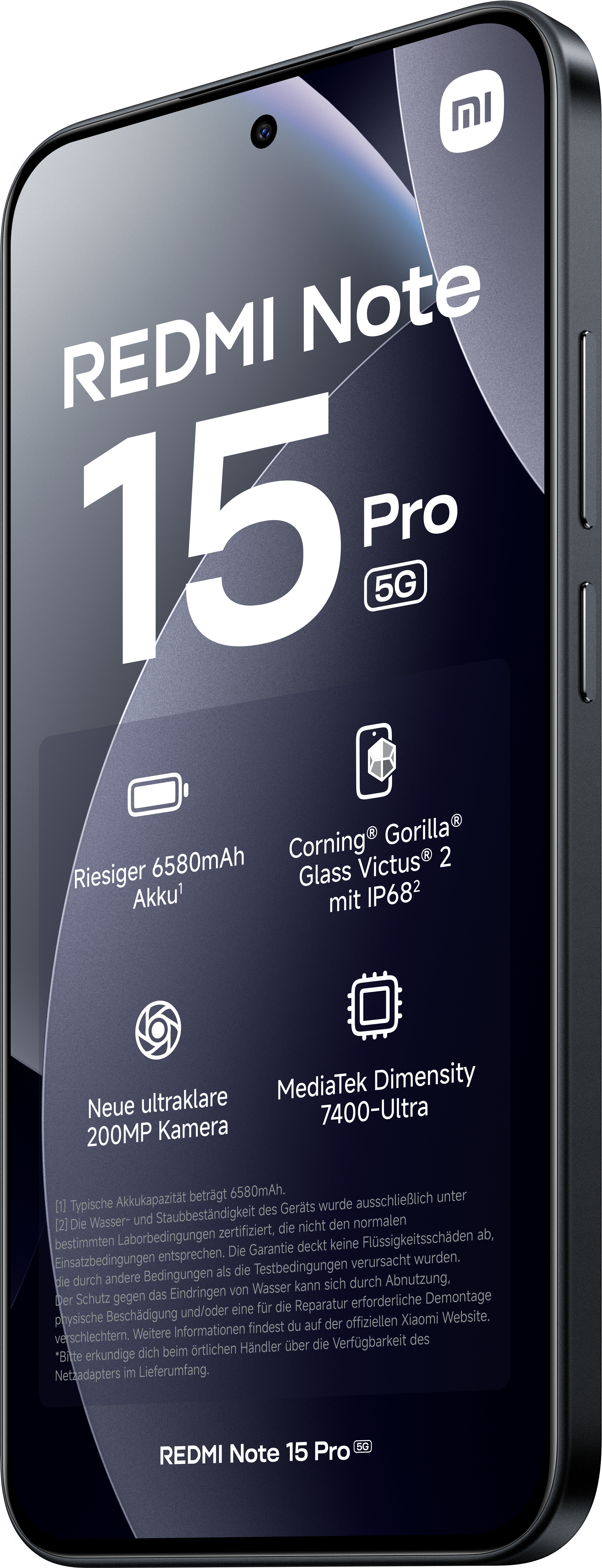Ein Telefon mit Spezifikationen: Redmi Note 15 Pro 5G. Merkmale sind ein 6580mAh Akku und eine 200MP Kamera.