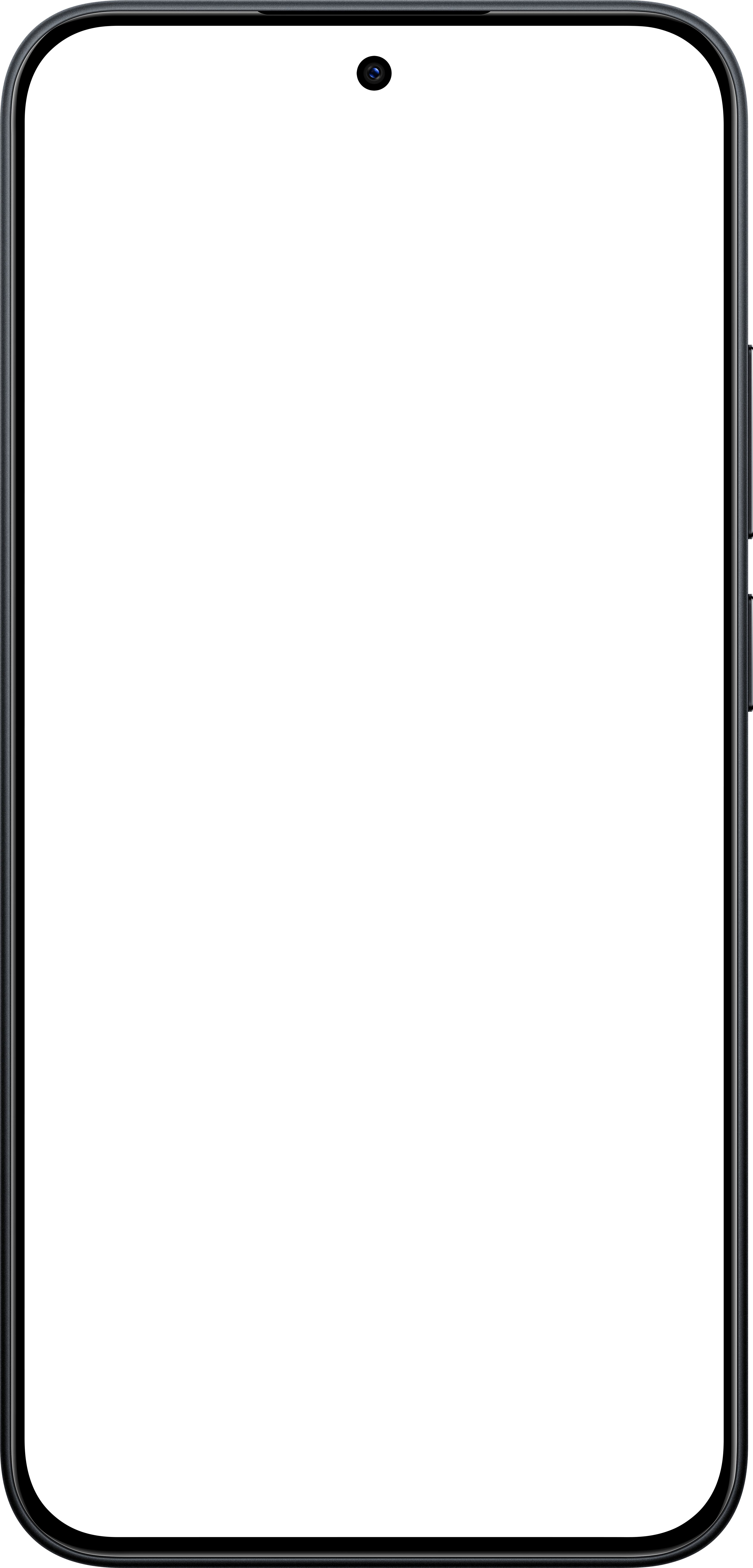 Ein schwarzes Smartphone mit einer kleinen Kamera oben. Der Bildschirm ist ganz schwarz.