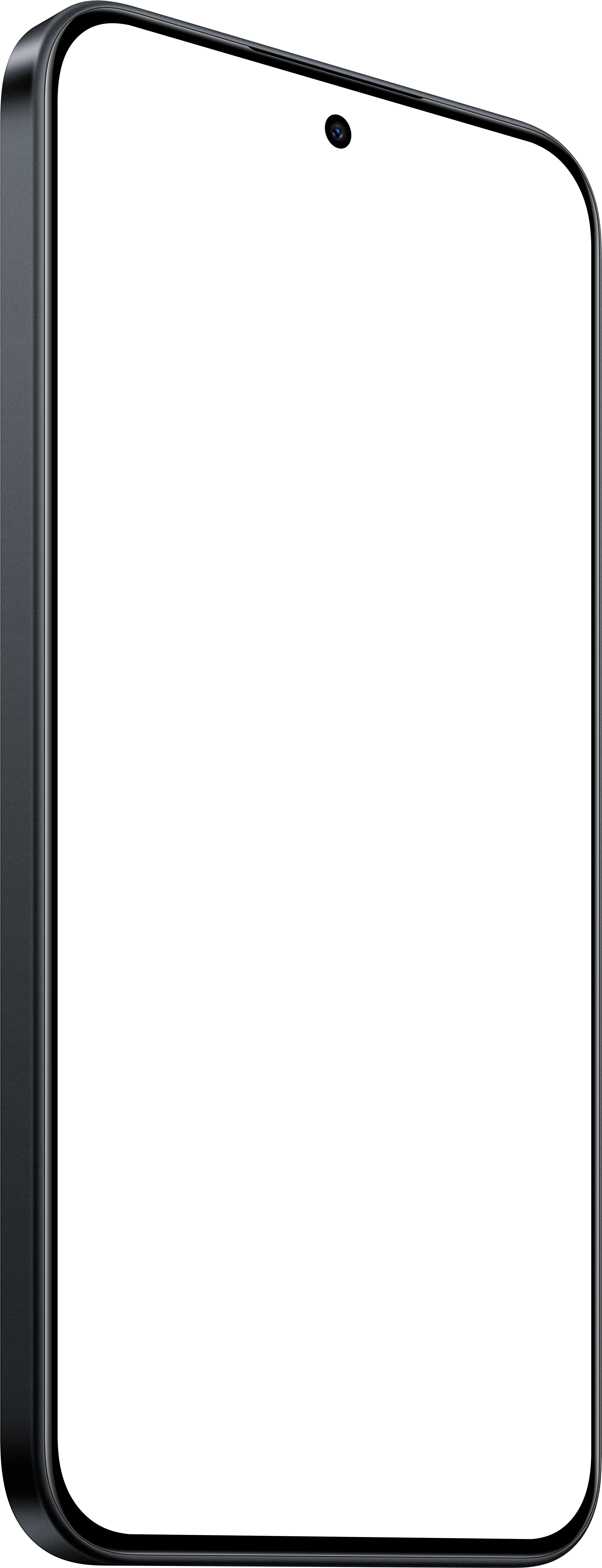 Ein Smartphone mit schwarzem Bildschirm und Frontkamera wird auf schwarzem Hintergrund gezeigt.