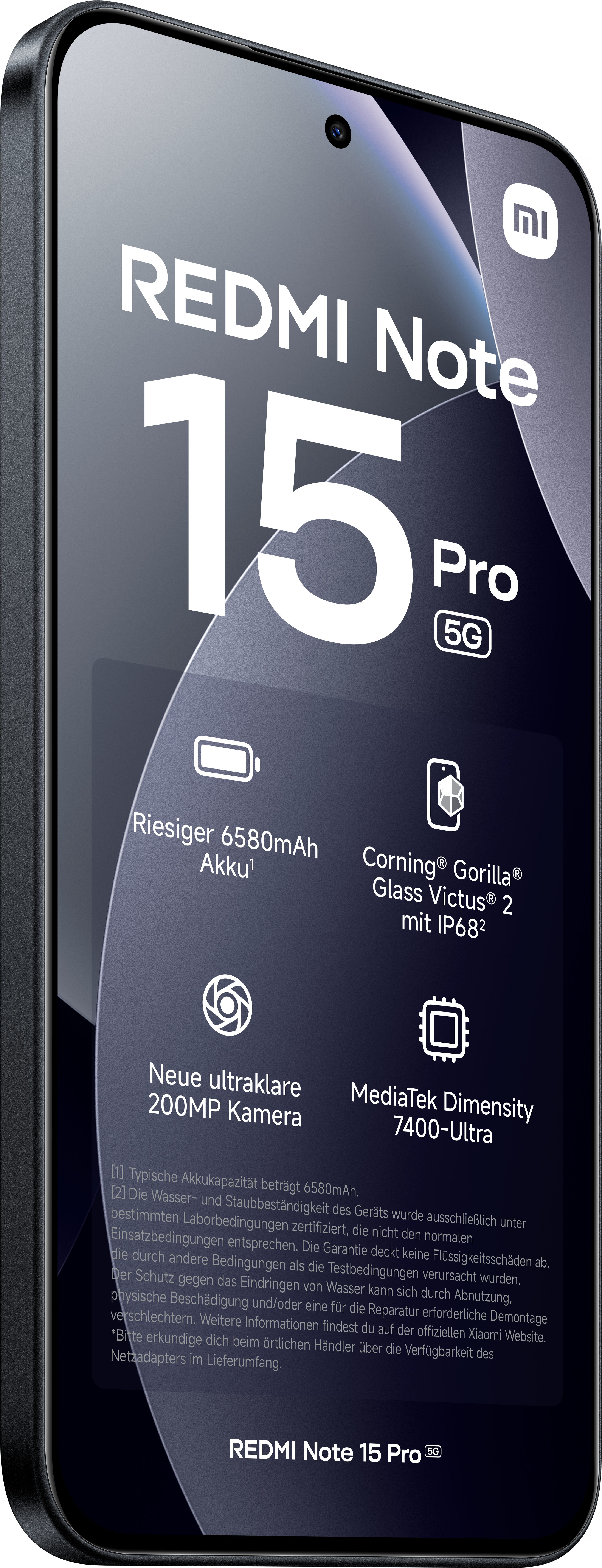 Ein Redmi Note 15 Pro 5G Telefon. Zeigt die wichtigsten Funktionen: 6580mAh Akku, 200MP Kamera, Corning Gorilla Glass und MediaTek Dimensity.