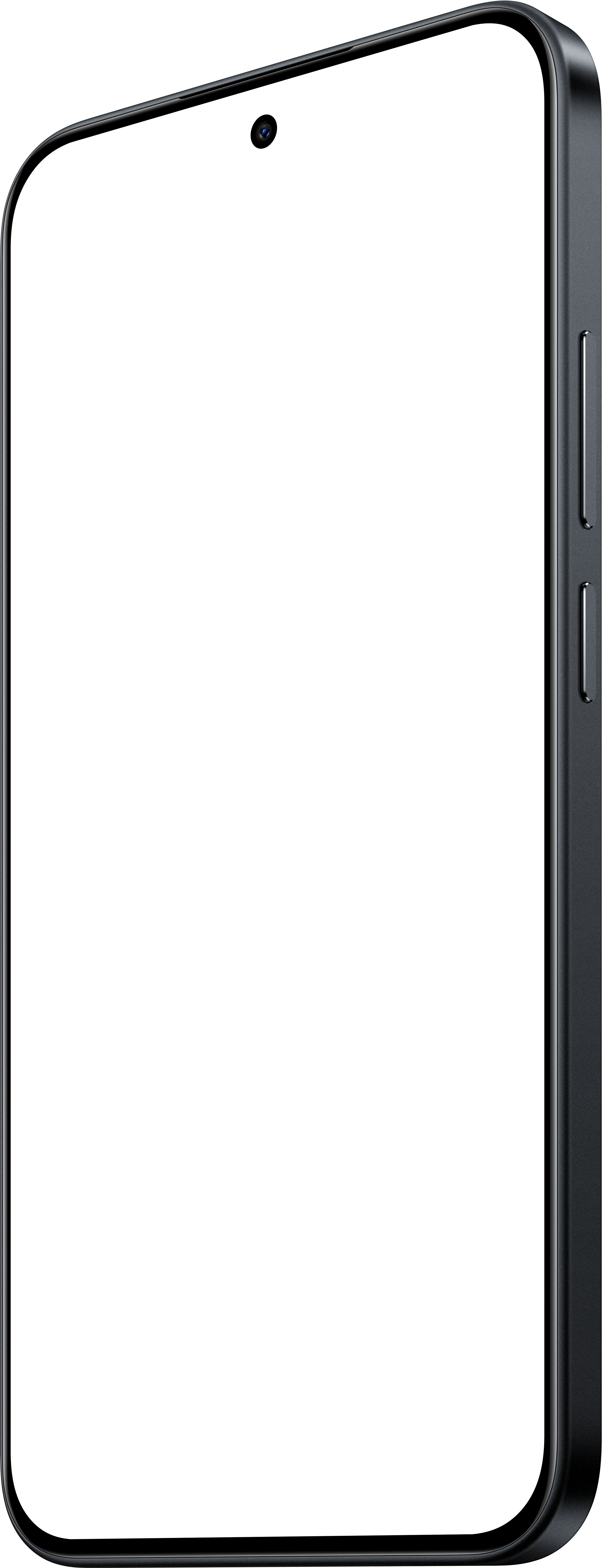 Nahaufnahme eines schwarzen Smartphones. Der Bildschirm ist dunkel, mit einer Kameralinse oben. Seitentasten sind sichtbar.