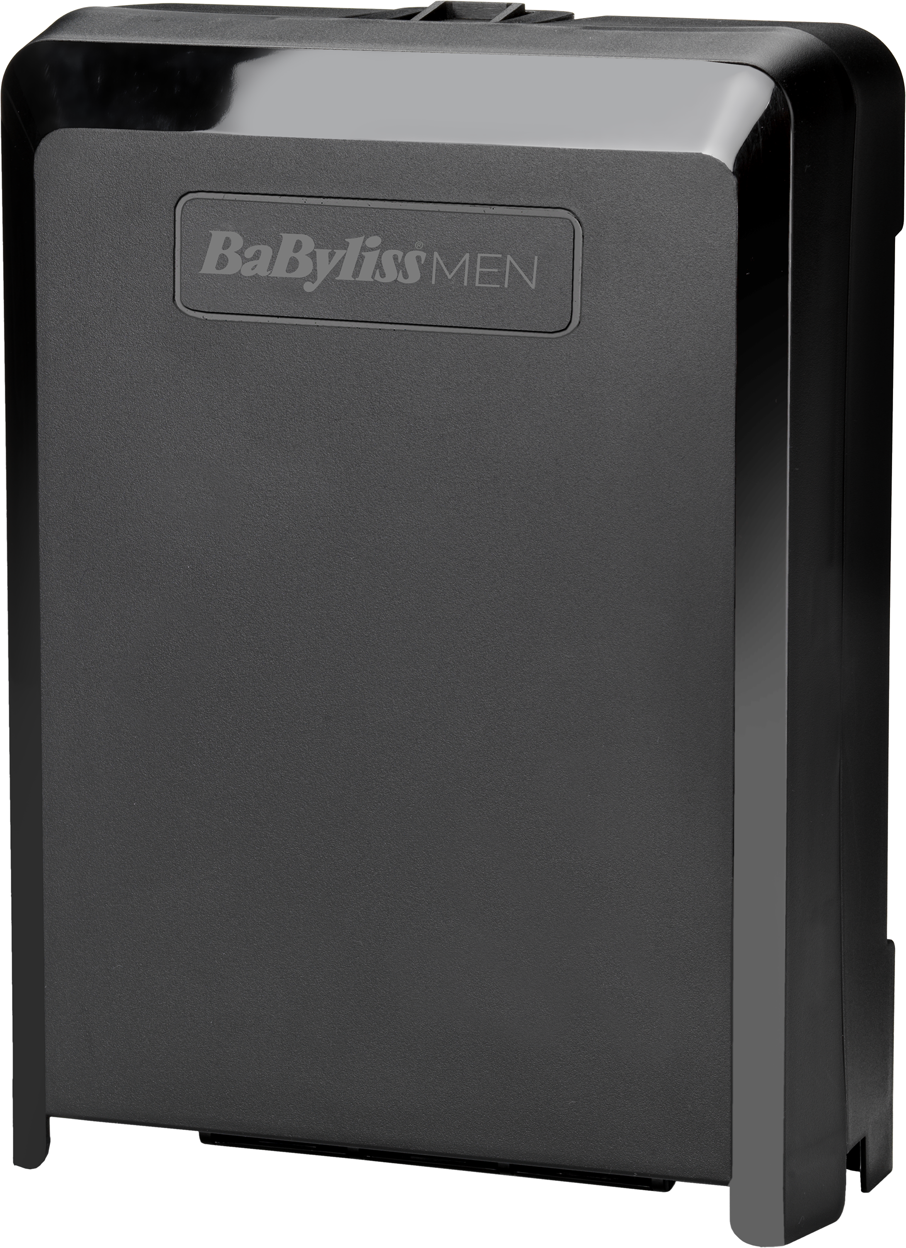 Fekete Babyliss MEN készülék. Téglalap alakú, texturált felülettel, fényes tetővel és márkajelzéssel.