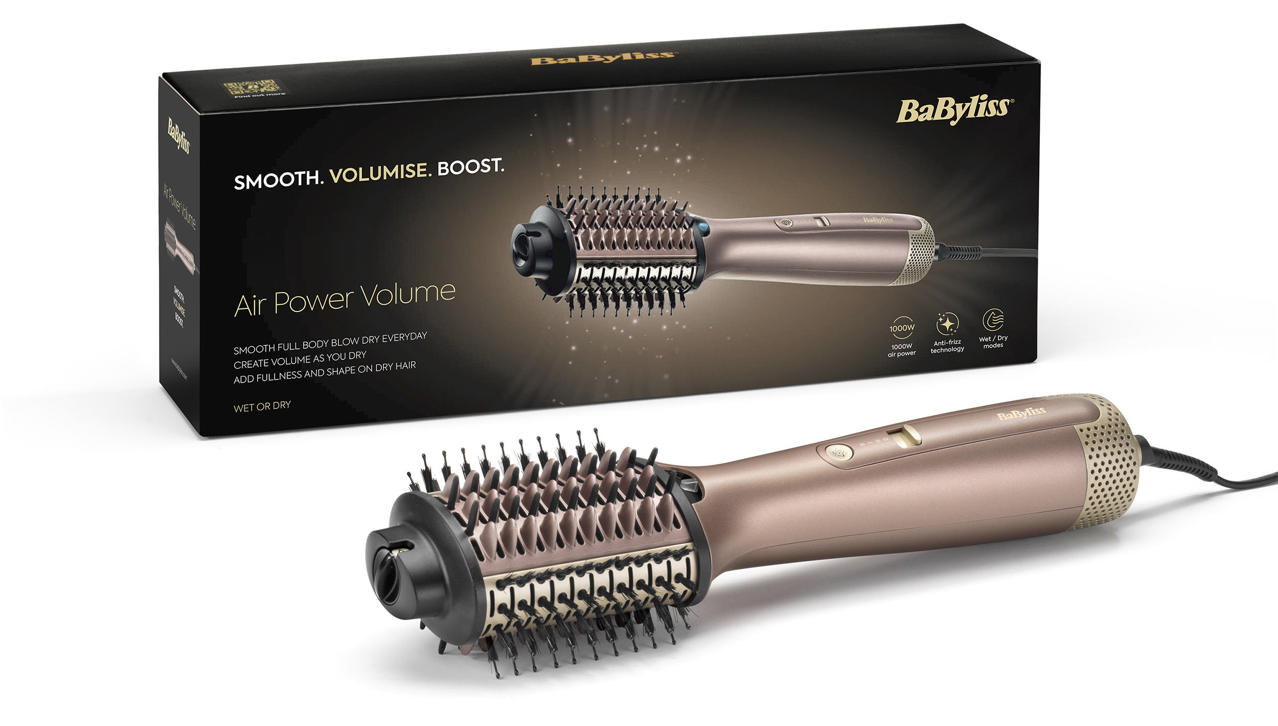 A BaByliss Air Power Volume hajsütővasa látható a dobozával, amely a terméket mutatja. A hajsütővas bronz színű, fekete kefével.