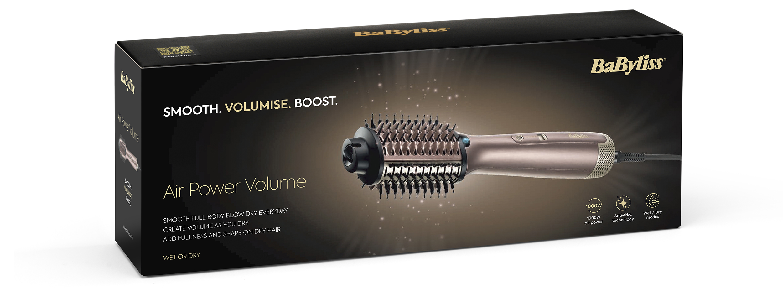 Egy BaByliss Air Power Volume doboz. Egy hajszárító-formázót mutat. A doboz fekete, arany szöveggel és a formázó képével.
