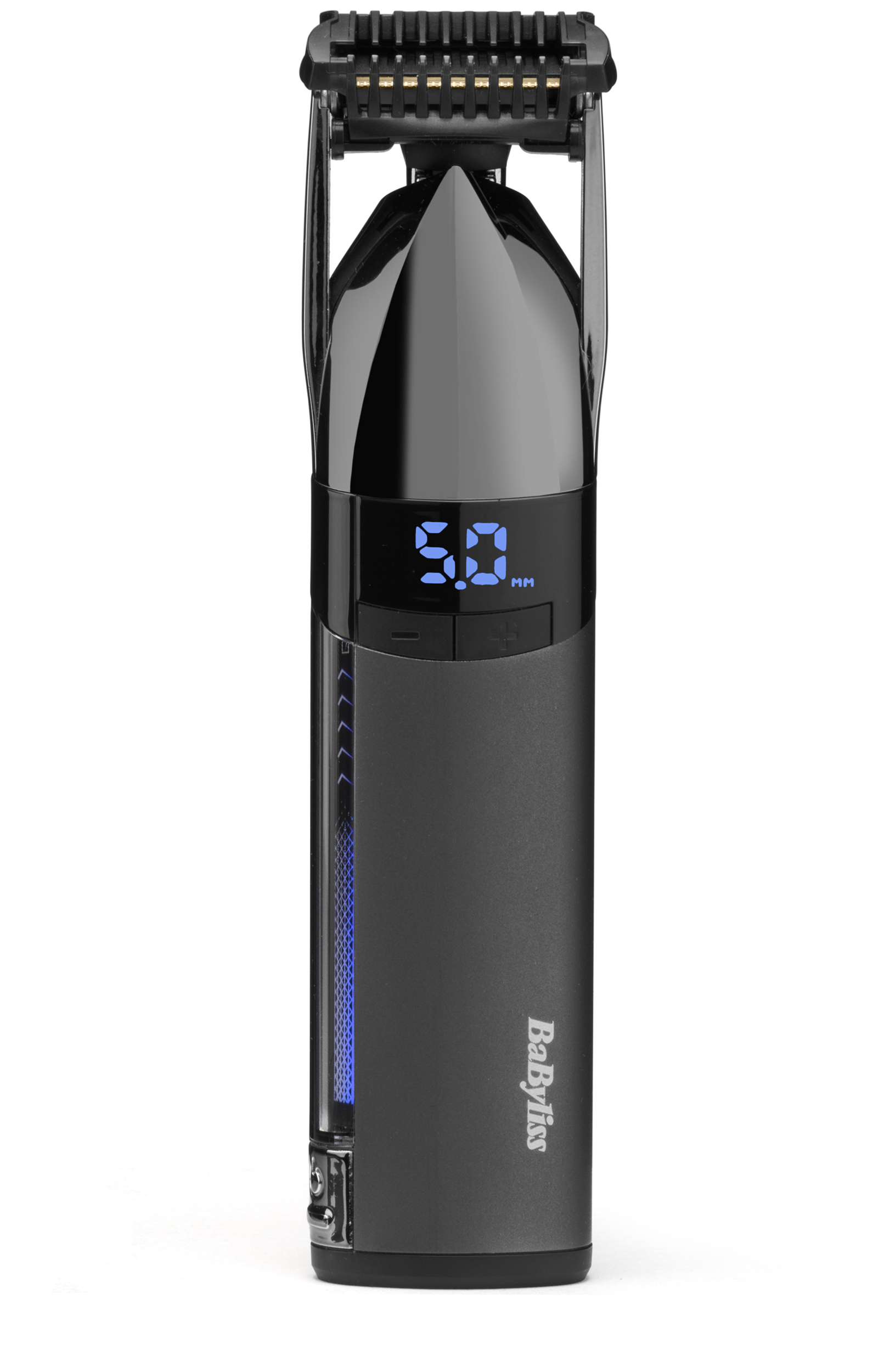 Fekete Babyliss szakállvágó. Digitális kijelzőjén 5,0 mm látható. A penge fekete, arany ékezetekkel, fehér háttéren.
