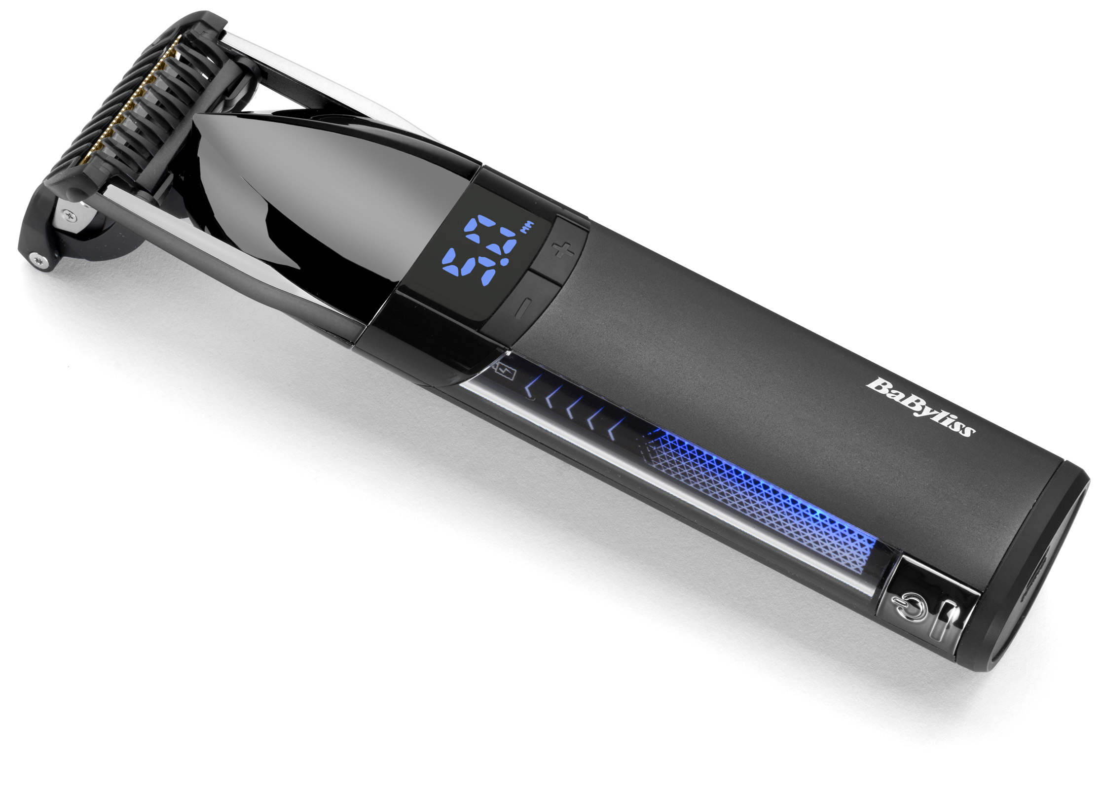 Egy fekete BaByliss hajvágó egy fehér felületen van. Digitális kijelzője és kék fénye van.