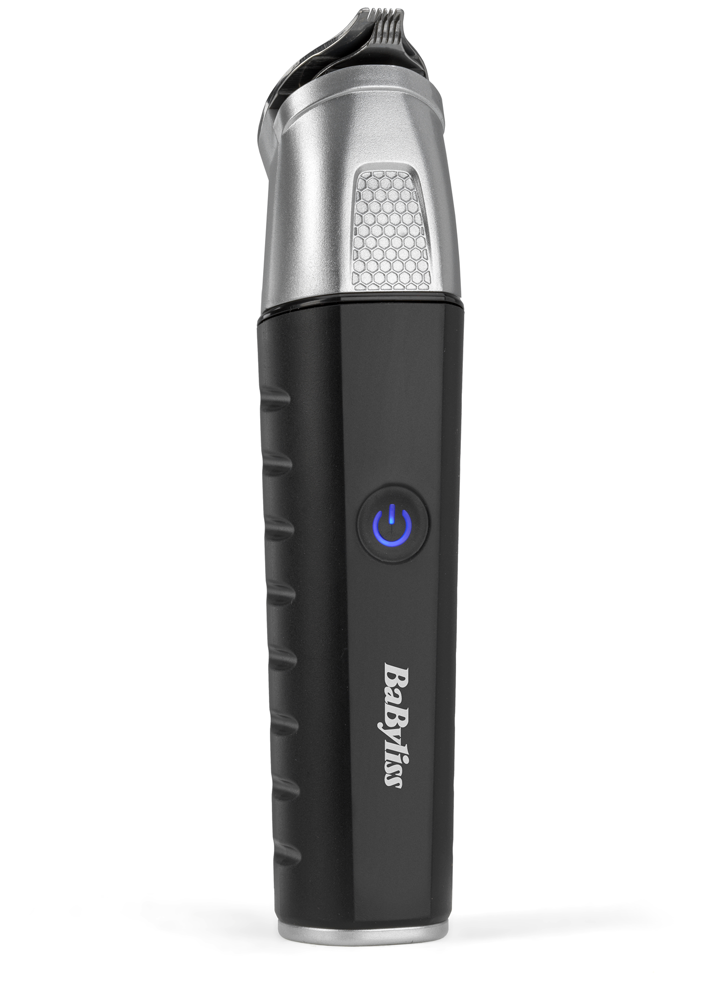 Egy fekete-ezüst Babyliss trimmer. Van rajta egy bekapcsológomb és egy méhsejtmintázat. A márkanév látható.