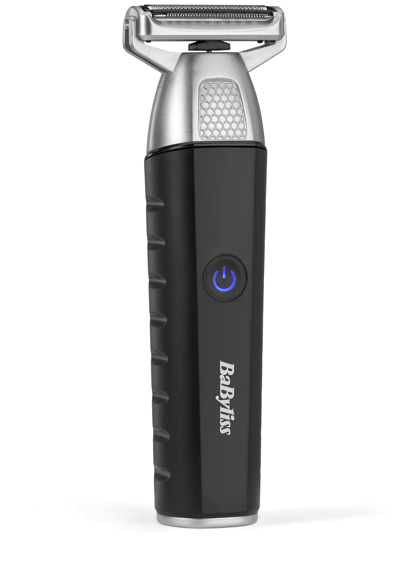Egy fekete-ezüst BaByliss elektromos borotva, kék bekapcsológombbal. A borotva fehér háttéren van.