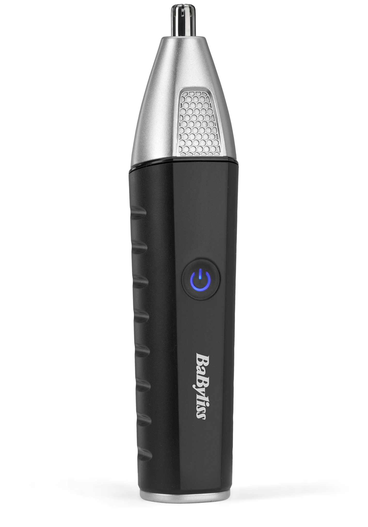 Egy fekete-ezüst BaByliss orrszőrnyíró. Van rajta egy bekapcsológomb, egy ezüst fej és egy fekete fogantyú.