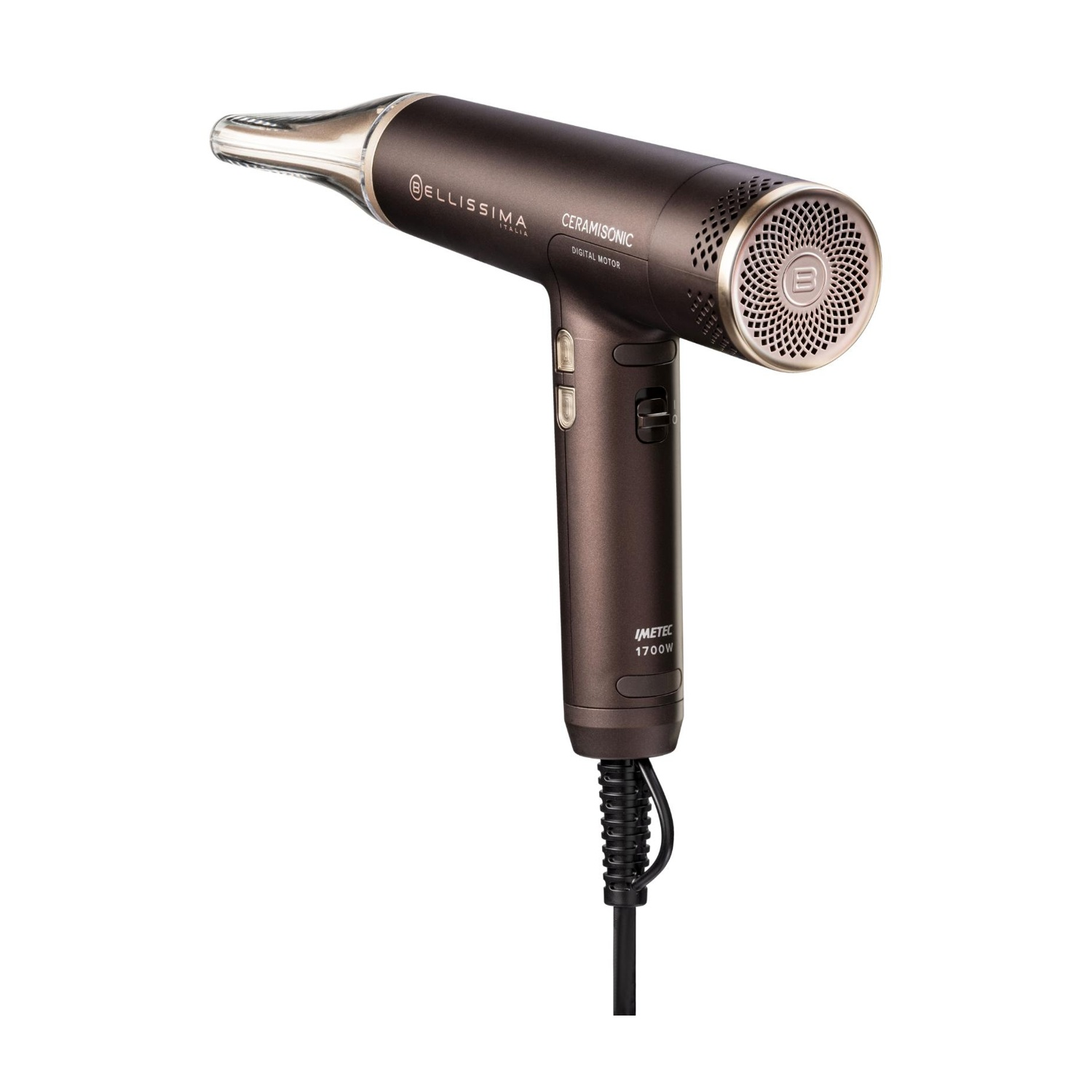 Un asciugacapelli marrone con cavo nero. Ha il marchio 'Bellissima' e 'Ceramisonic' su sfondo bianco.