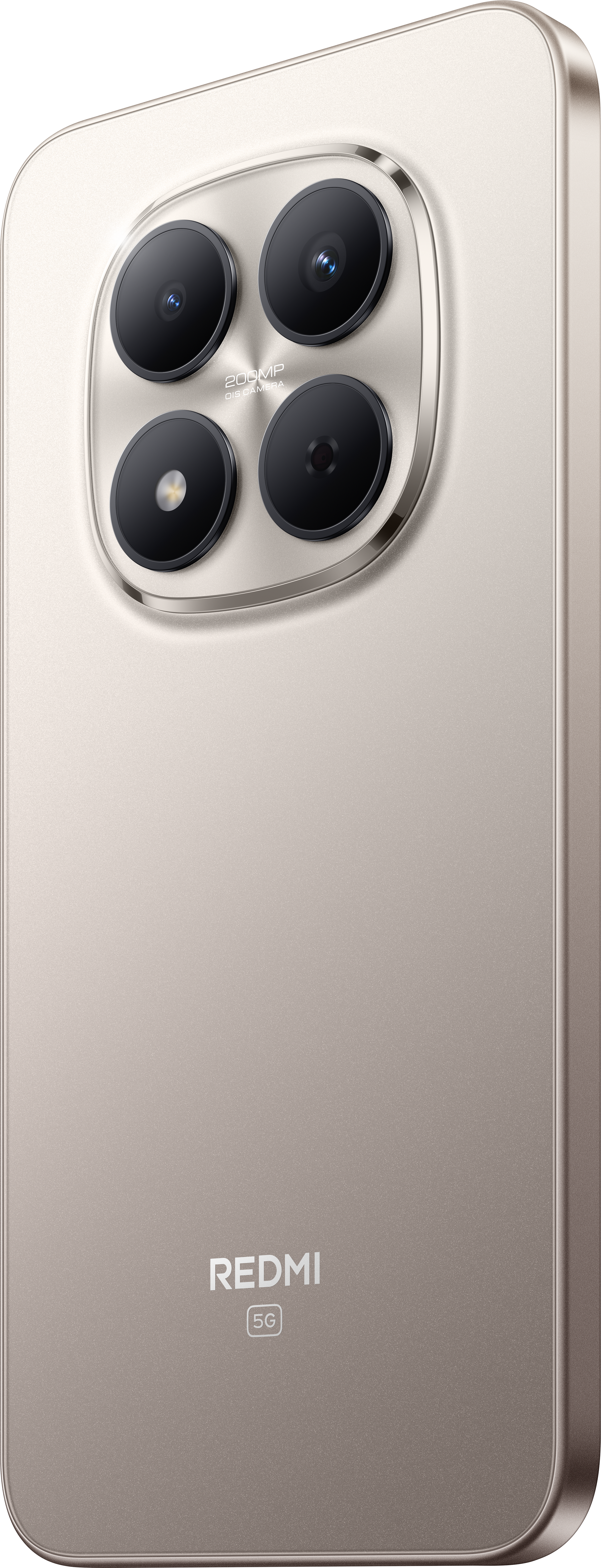 Ein beiges Redmi-Telefon. Oben befinden sich vier schwarze Kameralinsen. Das Redmi-Logo und das 5G-Zeichen sind sichtbar.