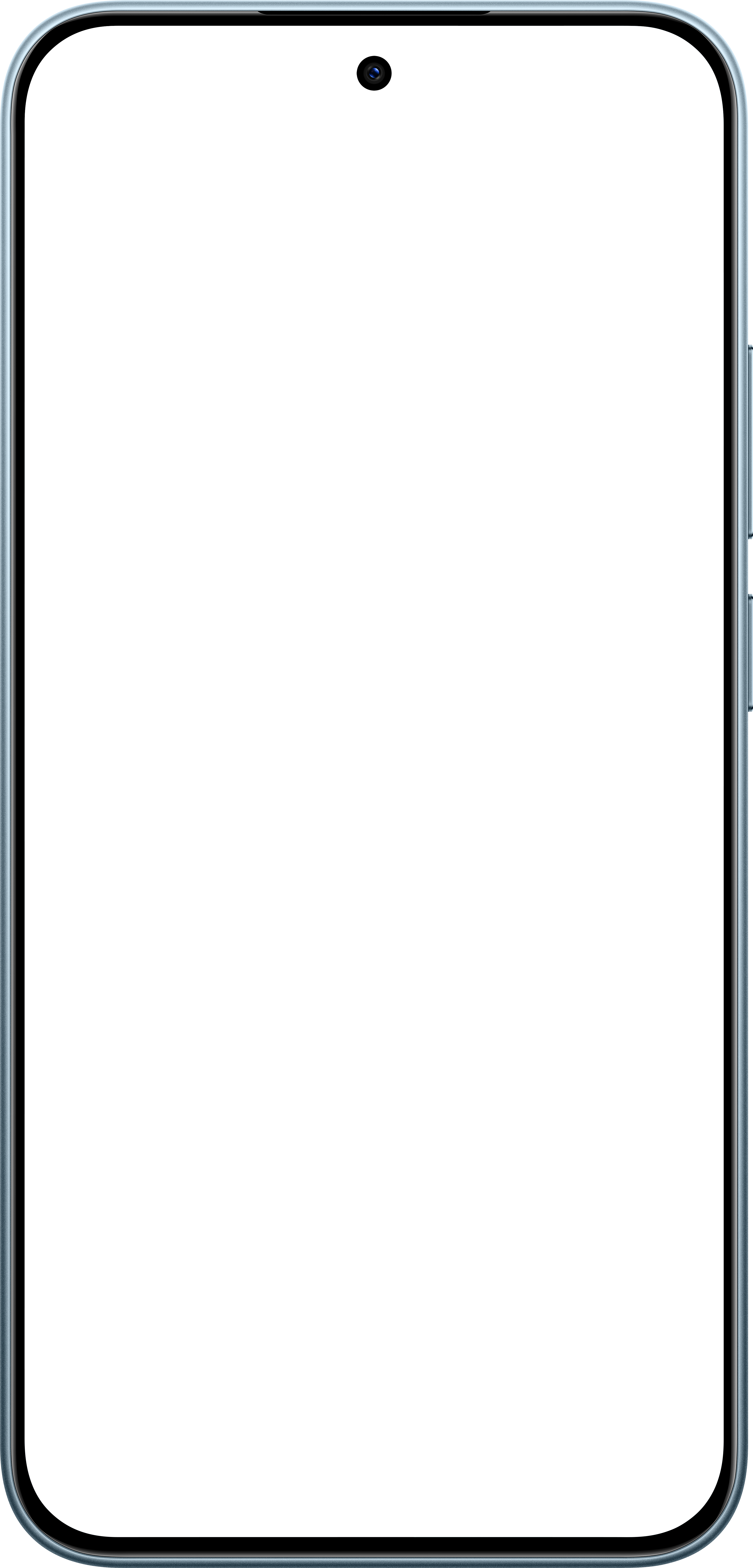 Ein Smartphone mit schwarzem Bildschirm, Frontkamera und silbernem Rahmen. Der Bildschirm ist aus.