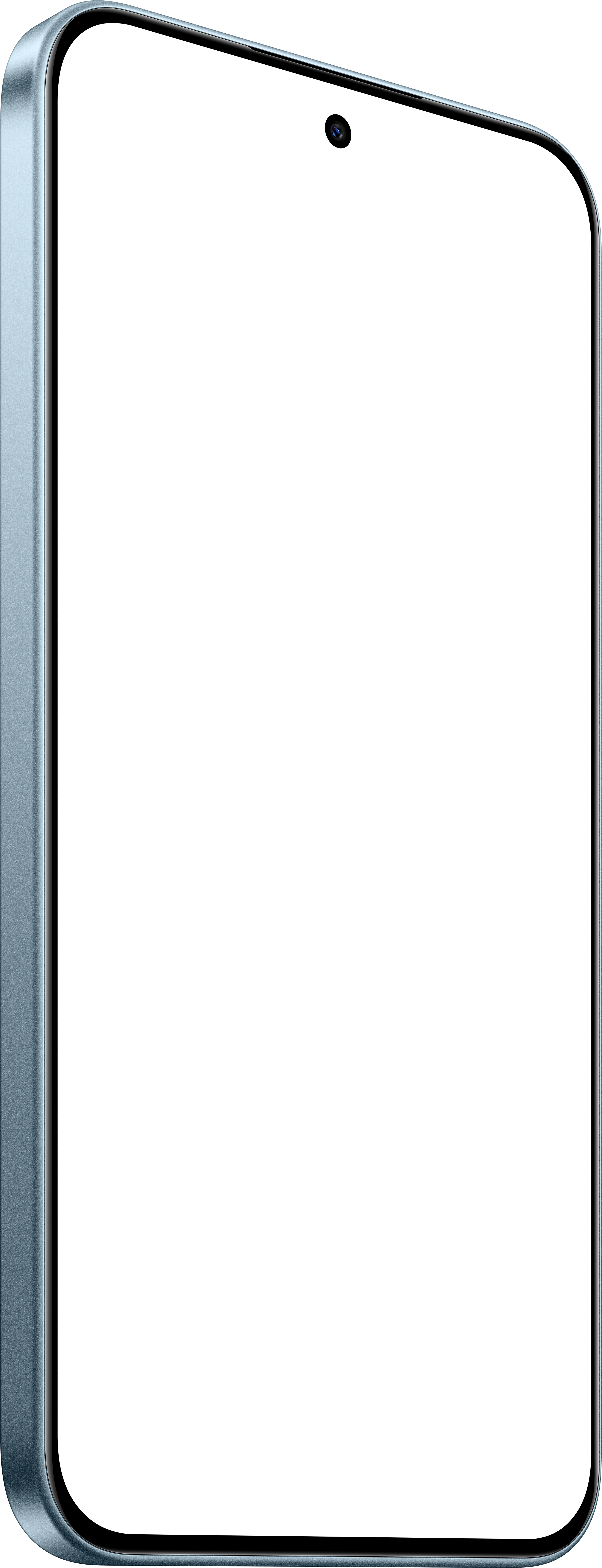 Ein Smartphone mit schwarzem Bildschirm, hellblauem Rahmen und Frontkamera wird schräg auf schwarzem Hintergrund gezeigt.