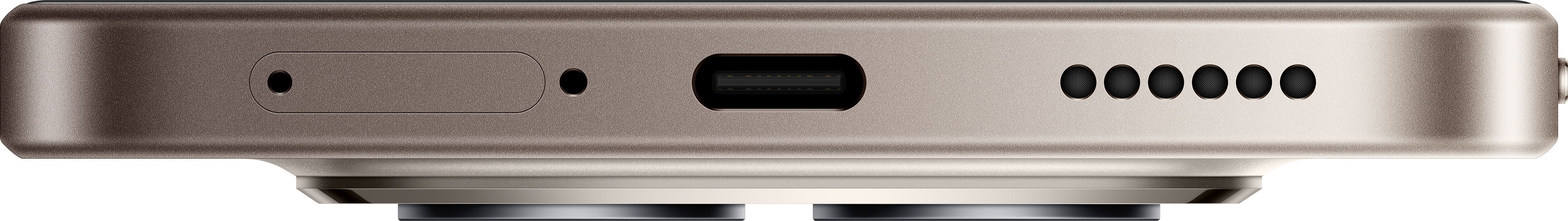 Nahaufnahme der Unterkante eines Telefons. Es hat einen USB-Anschluss, mehrere kleine Löcher, ein Loch und einen Lautsprecher.