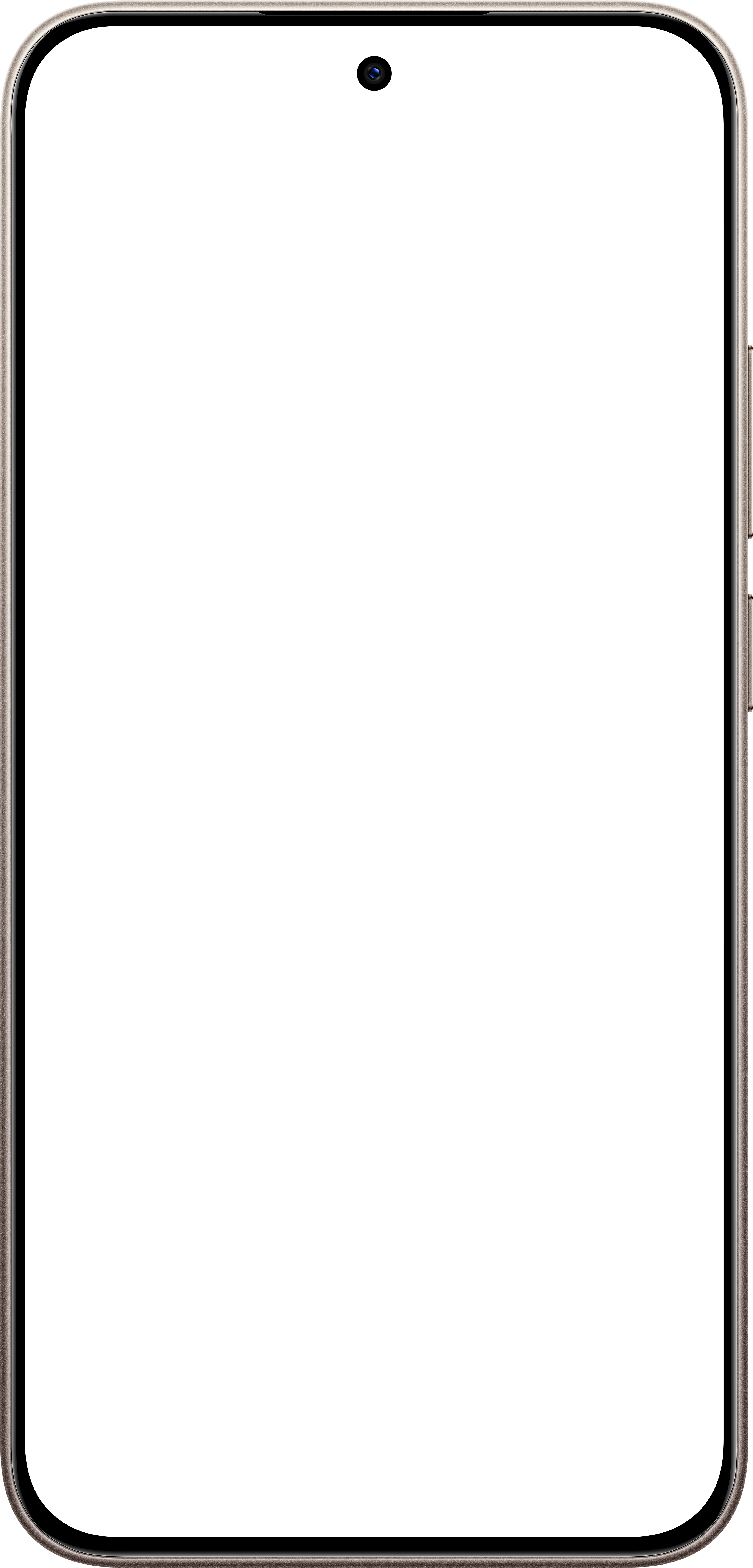 Ein Smartphone mit schwarzem Bildschirm. Es hat oben eine Kamera. Der Rahmen ist metallisch.