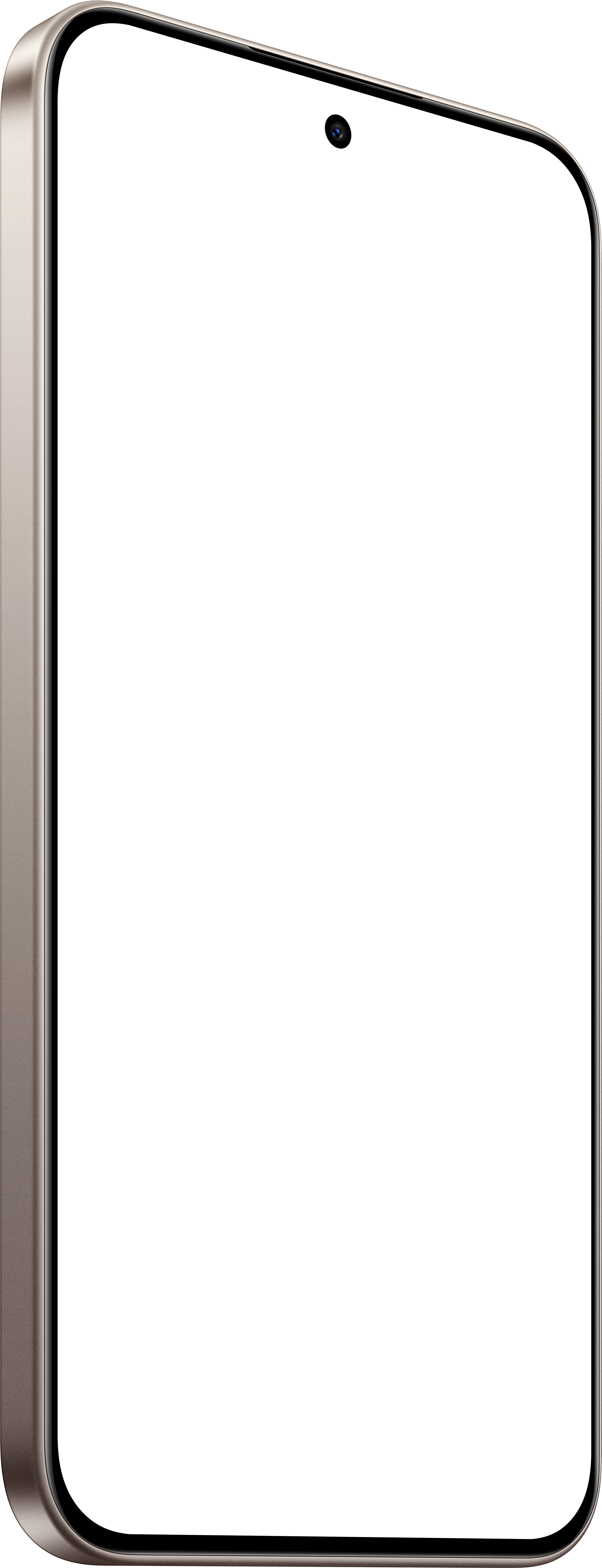 Ein Smartphone mit schwarzem Bildschirm und Kamera oben. Das Telefon hat einen silbernen Rahmen.