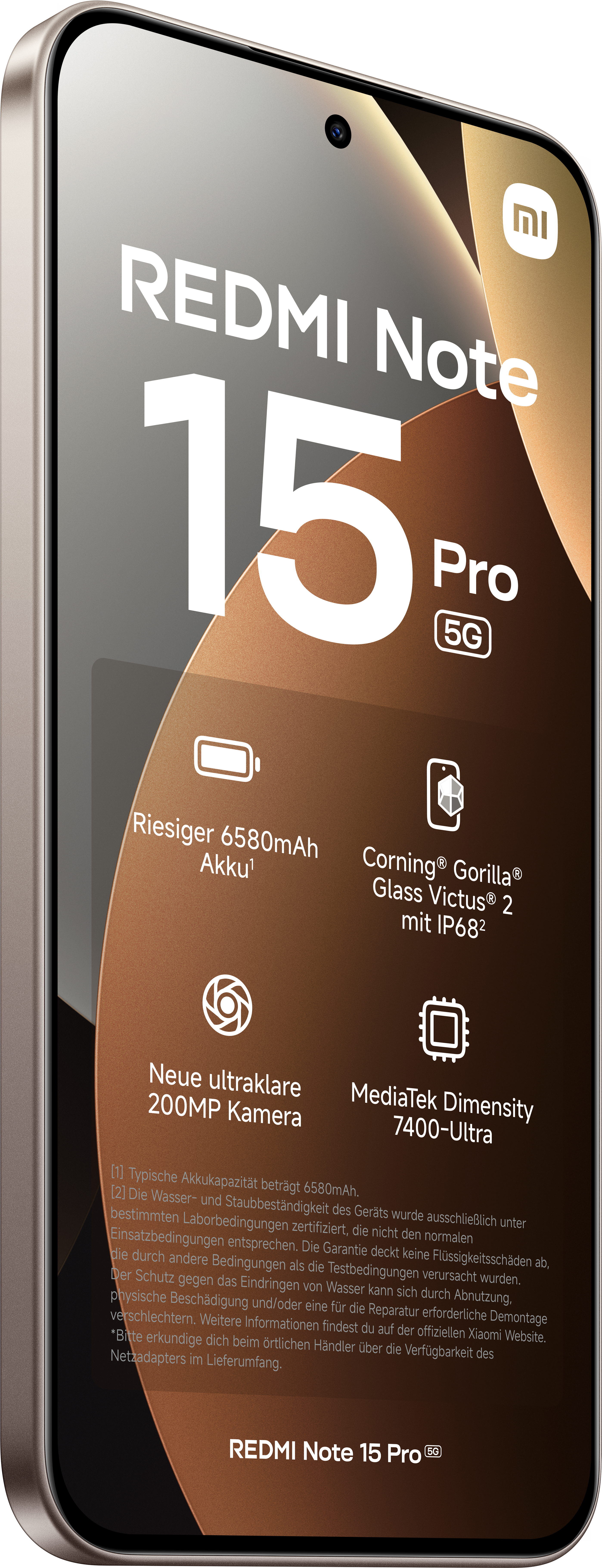 Smartphone-Bildschirm zeigt 'Redmi Note 15 Pro 5G' mit Funktionen wie 200MP-Kamera und 6580mAh-Akku.
