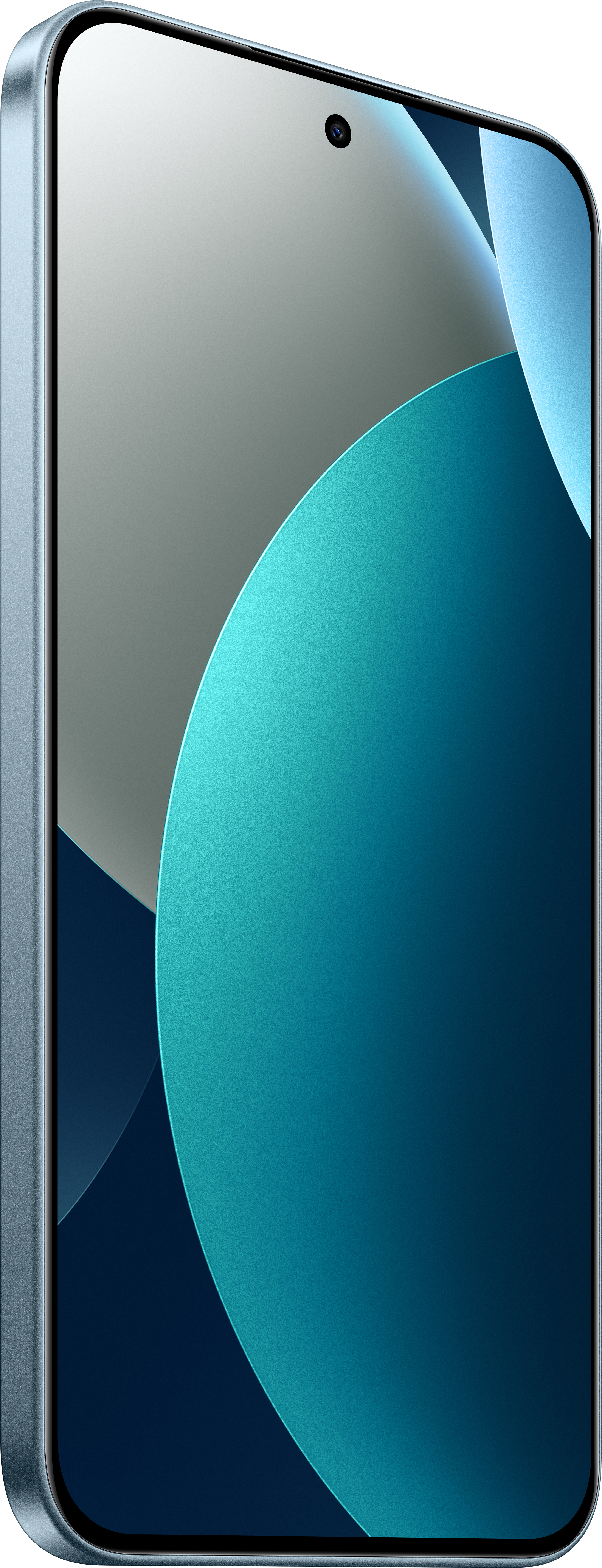 Ein Smartphone mit gebogenem Bildschirm. Es hat einen blauen Rahmen und eine Frontkamera. Der Bildschirm zeigt blaue und graue Farbverläufe.