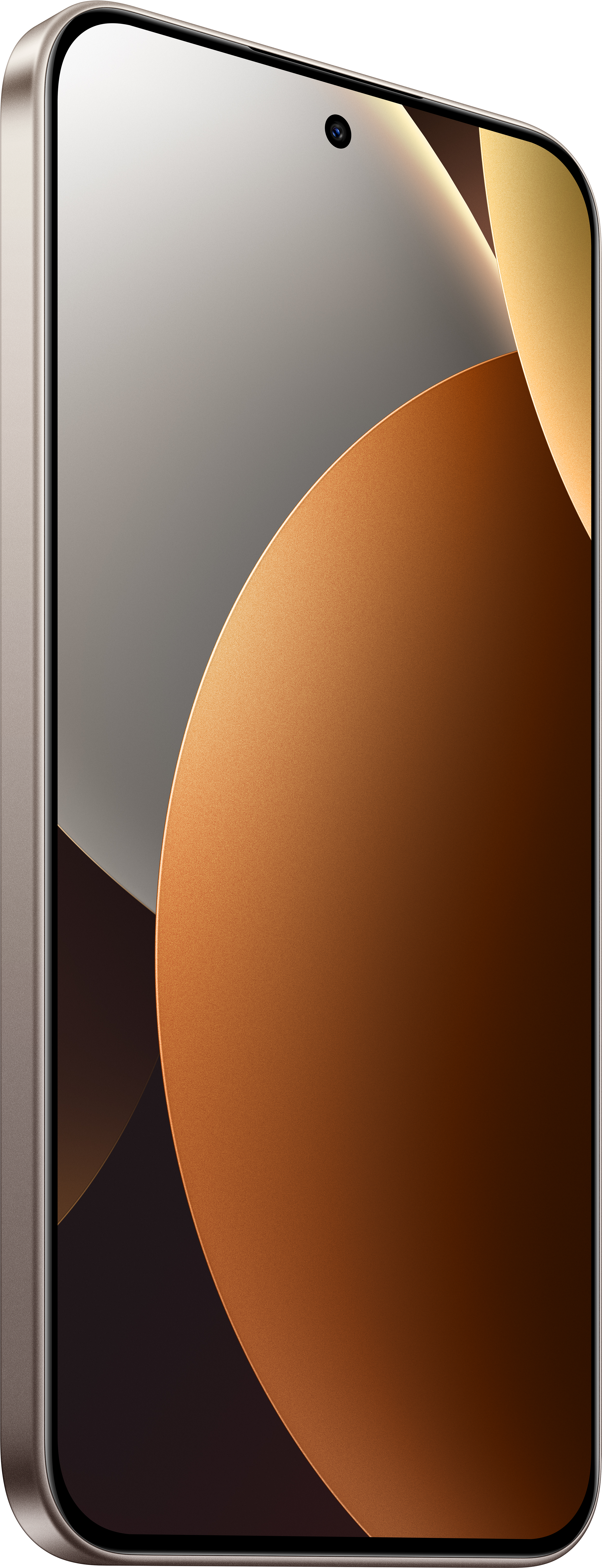 Ein Smartphone mit gebogenem Bildschirm. Es hat ein goldbraunes Farbverlauf-Display und eine Kamera. Der Rahmen ist silber.