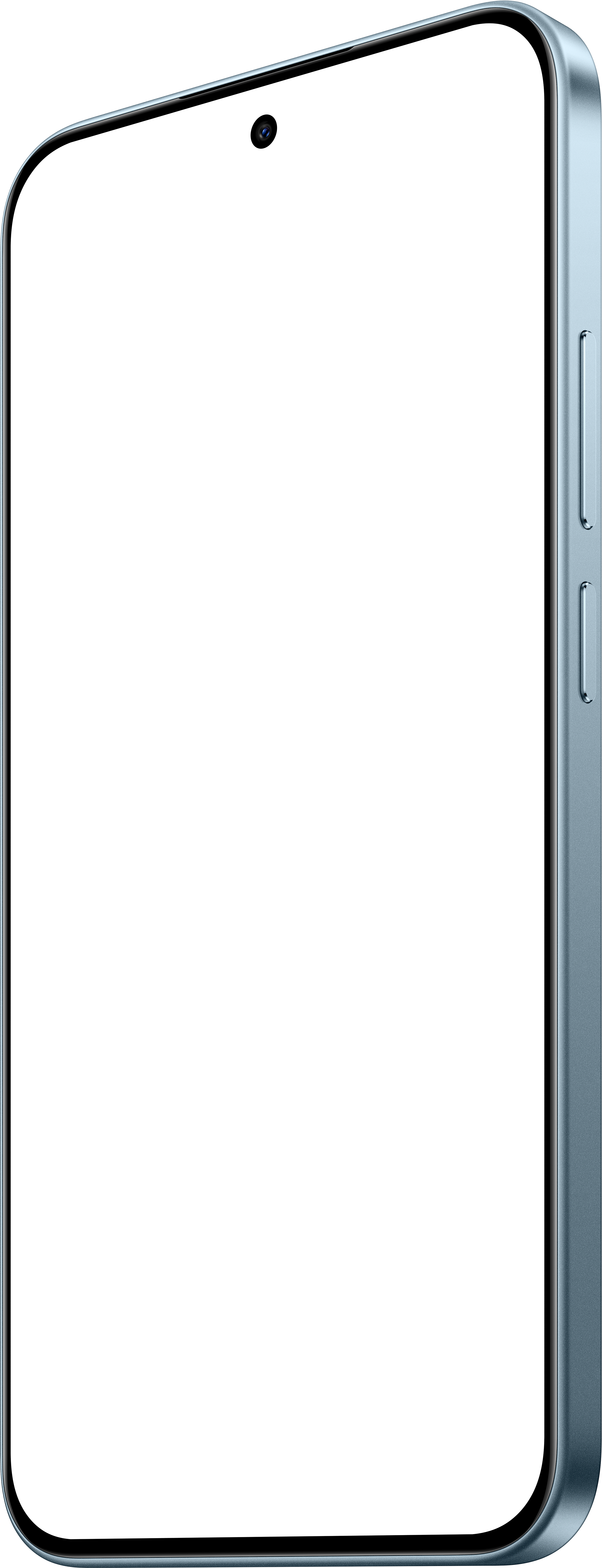 Ein Smartphone mit schwarzem Bildschirm. Es hat einen hellblauen Rahmen, eine Kameralinse und Lautstärketasten.