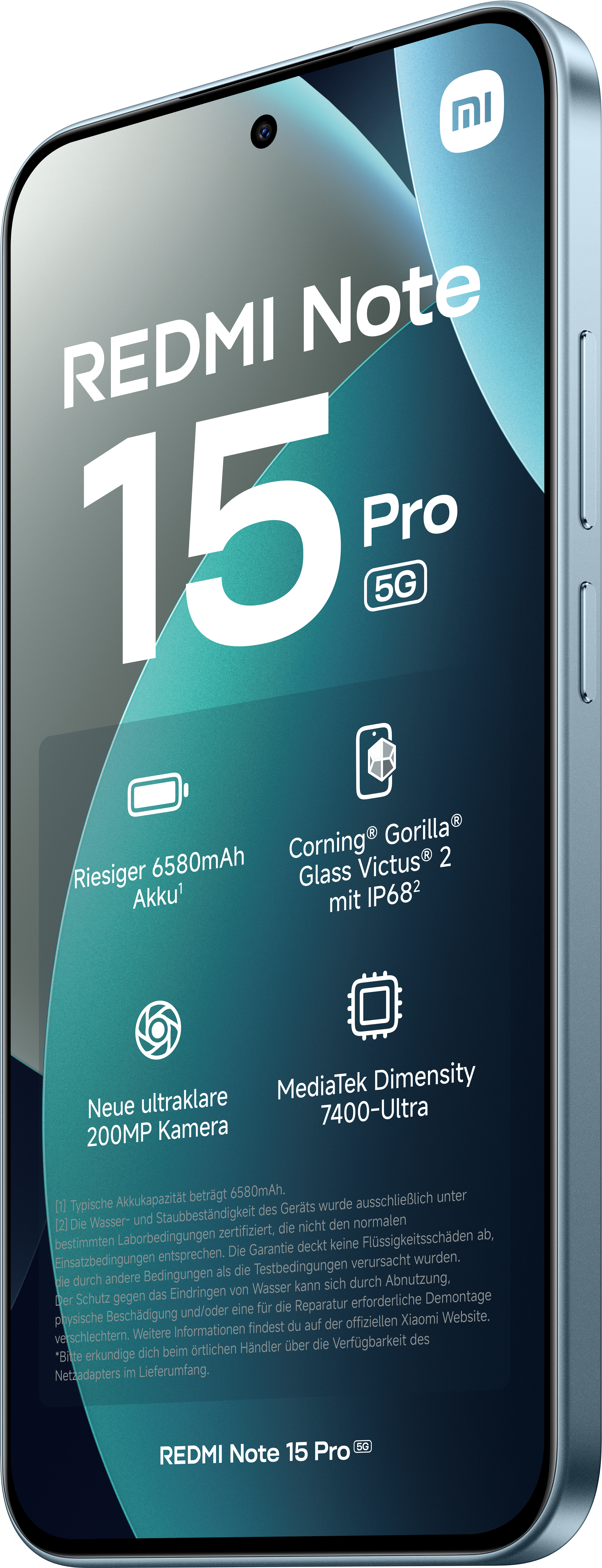 Ein Redmi Note 15 Pro 5G-Telefon wird angezeigt. Zu den Merkmalen gehören ein großer Akku, eine 200MP-Kamera und Gorilla Glass.